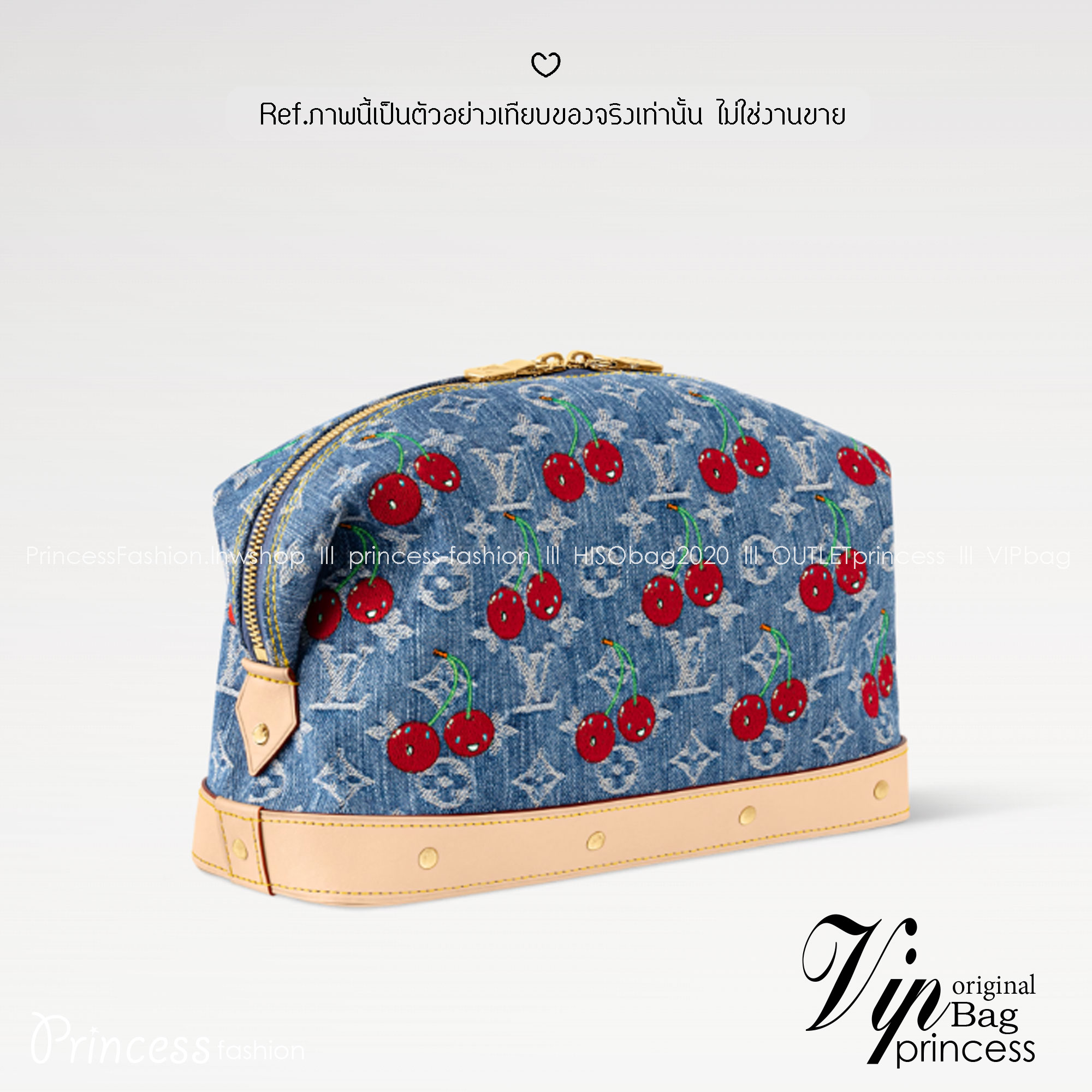 ORI หนังแท้ | LV x TM Cosmetic Pouch GM Monogram cherry denim กระเป๋าทรงพอช กระเป๋าเครื่องสำอางสไตล์โมโนแกรมเดนิม ตกแต่งด้วยงานปักเชอร์รี่สุดน่ารัก