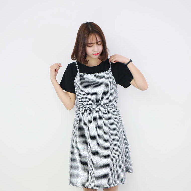 พร้อมส่ง 🥬 Cute scott dress เดรสสายเดี่ยวลายสก็อตผ้าชีฟอง (IN33119)