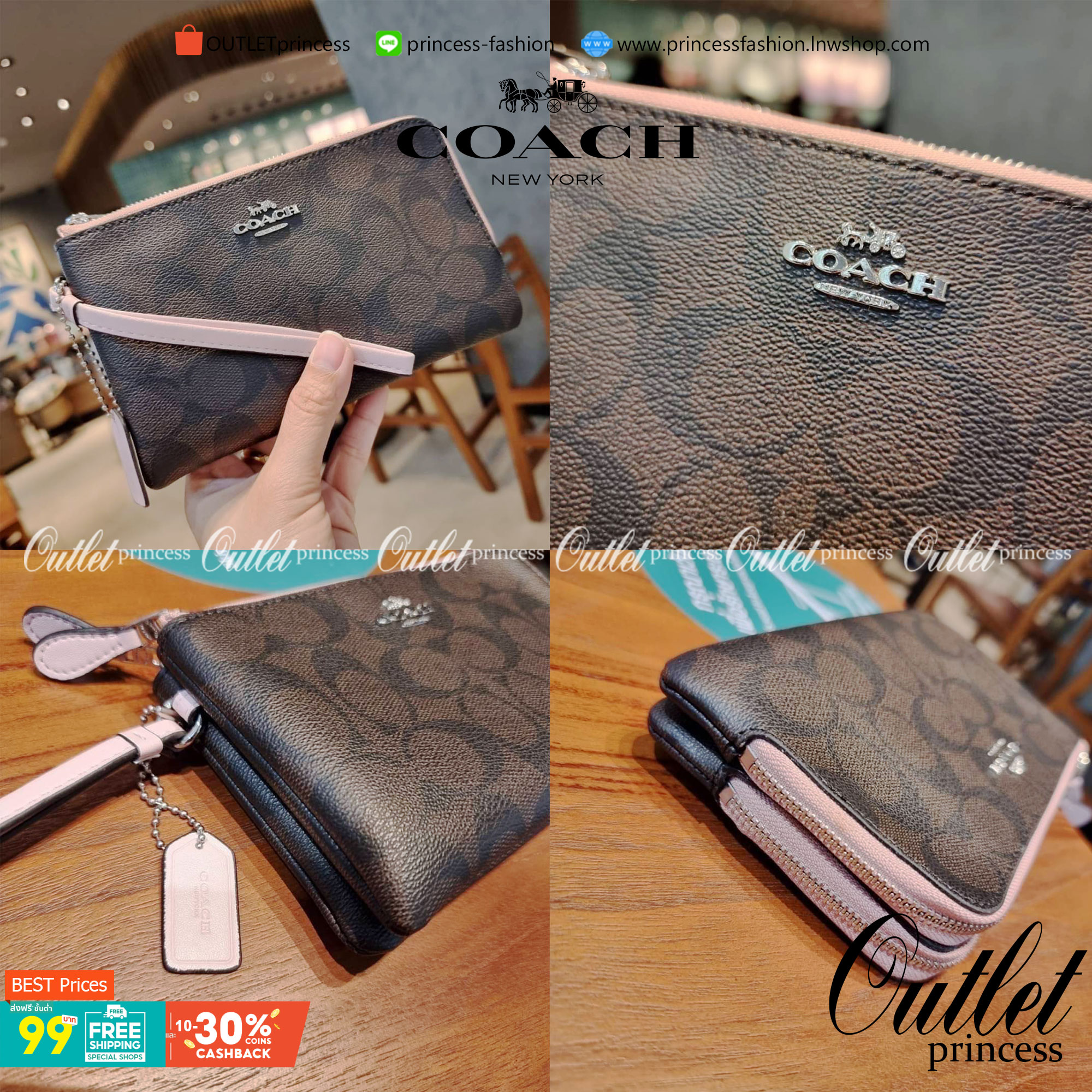 COACH F87591 DOUBLE CORNER ZIP WALLET IN SIGNATURE COATED CANVAS คล้องมือรุ่น 2 ซิป!! มาแล้วจ้า 🌟🤗 ไซส์นี้คือเหมาะมือจริงๆ พกง่ายเช่นเคย ไม่ต้องกังวลว่าจะเกะกะหรือกินพื้นที่กระเป๋าหลัก วัสดุหนังแคนวาสเคลือบลาย มีช่องหลักแยก 2 ช่อง ภายในบุผ