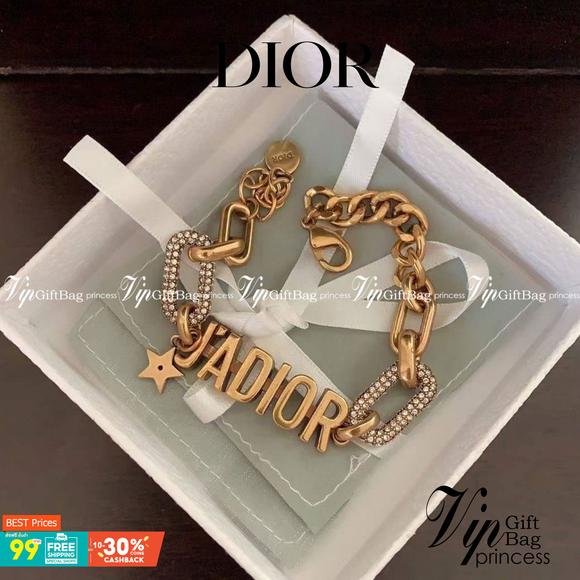 Christian Dior Bracelet สร้อยข้อมือแบรนด์หรูหรา วัสดุสแตนเลสชุบ สีทองรมควัน ไม่ลอก ไม่ดำ สวยงามตามแบบฉบับแบรนด์ ภาพถ่ายจากสินค้าจริงค่ะ