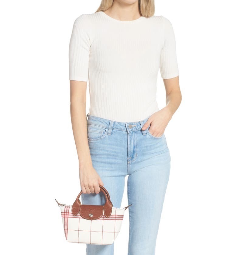 LONGCHAMP LE PLIAGE TORCHON Top handle bag - Red กระเป๋าถือขนาดเล็ก วัสดุผ้าฝ้าย อะไหลเงิน ตัดแต่งด้วยหนังวัวแท้ ผสมผสานแนวคลาสสิกแบบมินิมอลศิลปะการพับกระดาษแบบญี่ปุ่นดั้งเดิม