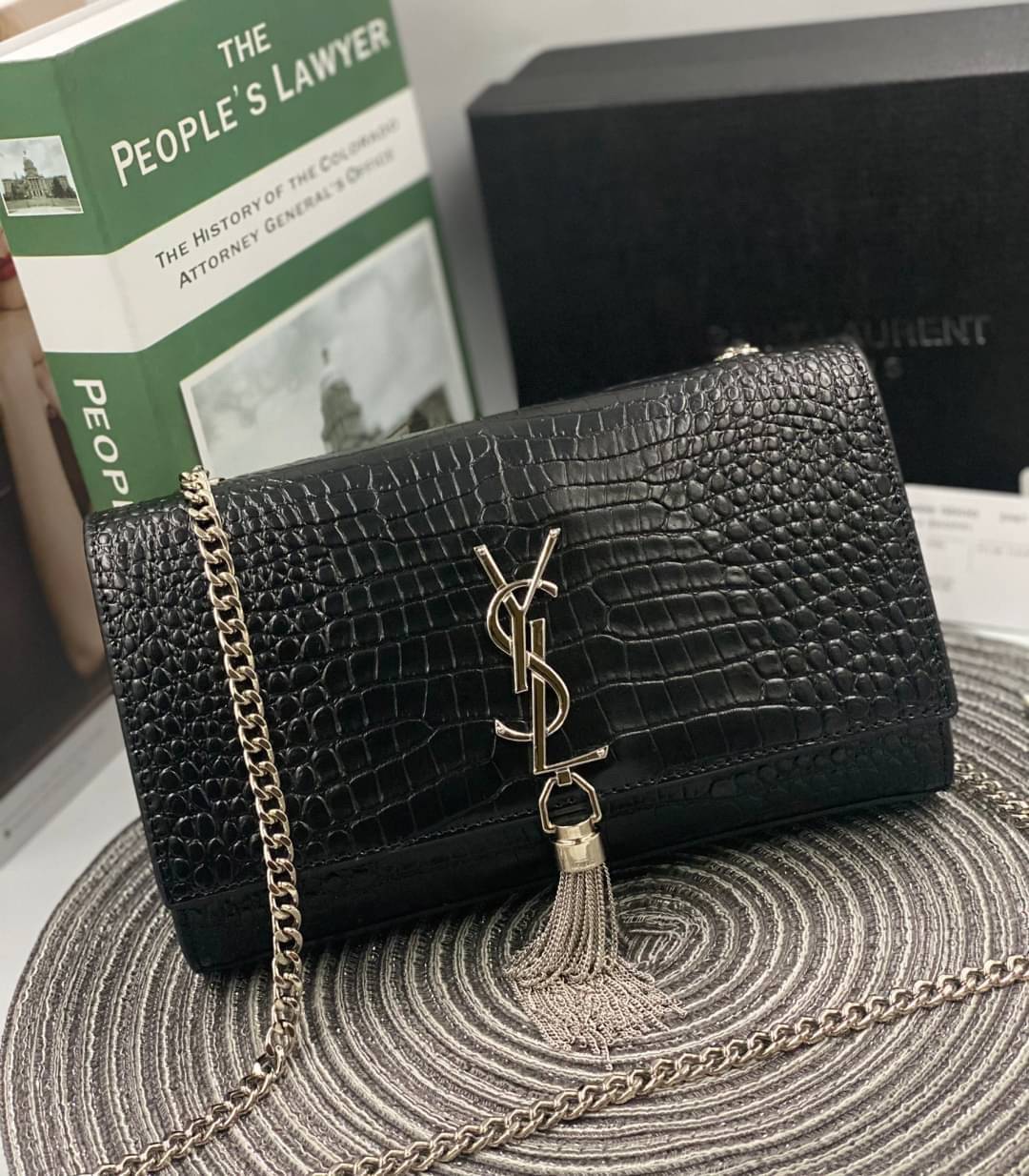 VIP 】หนังแท้ YSL Saint Laurent Kate Tassel Bag in Black Crocodile-Embossed Leather with Chain