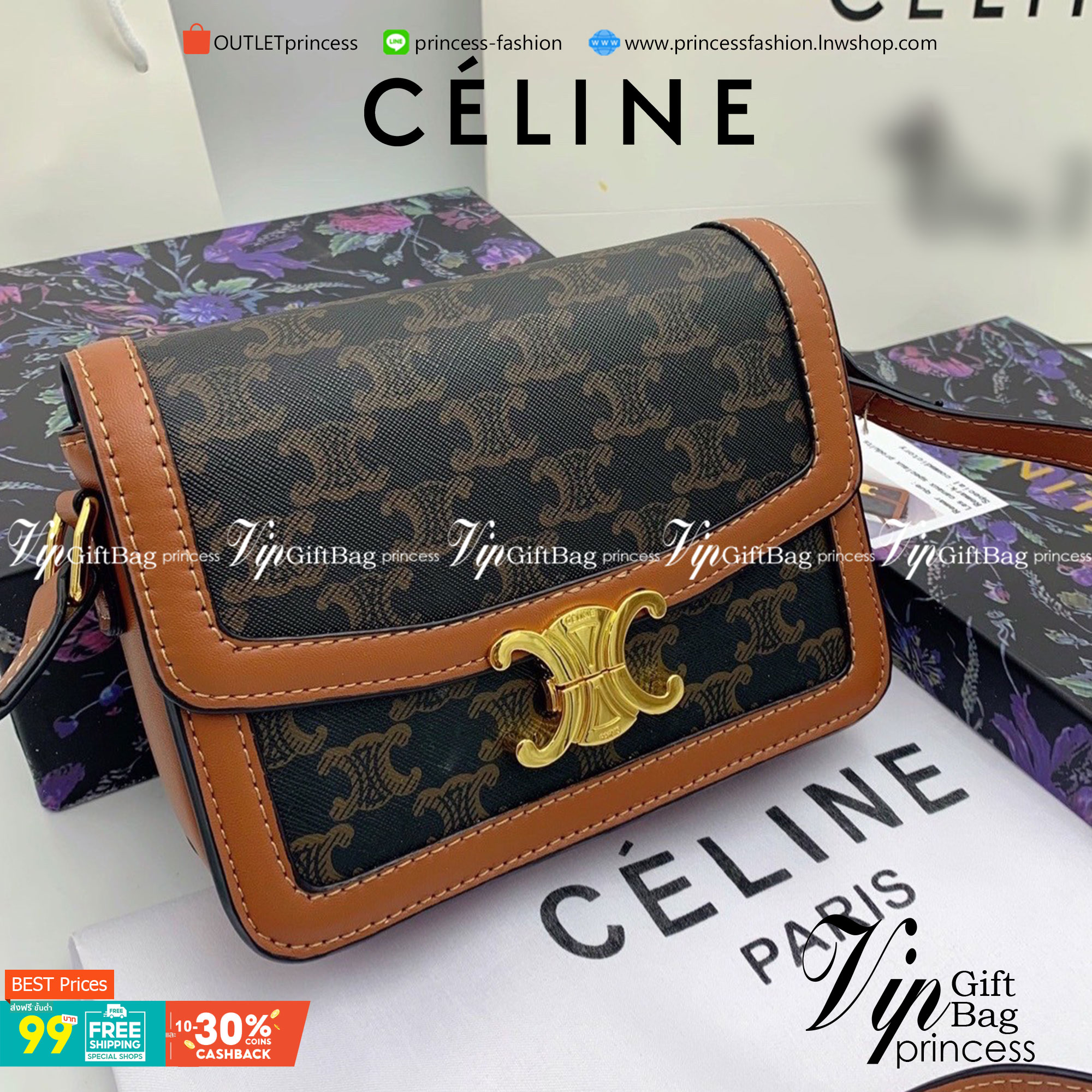 VIP 】𝗖𝗘𝗟𝗜𝗡𝗘 CROSSBODY VIP GIFT MEDIUM/TEEN TRIOMPHE BAG IN TRIOMPHE CANVAS AND CALFSKIN มี 2 ขนาด งานสวยอยู่ทรงเปิดปิดด้วยตัวล้อคด้านหน้า ภายในมีช่องใส่ของหลัก พร้อมช่องซิป ใส่กระเป๋าสตางค์กลาง + มือถือได้ ท