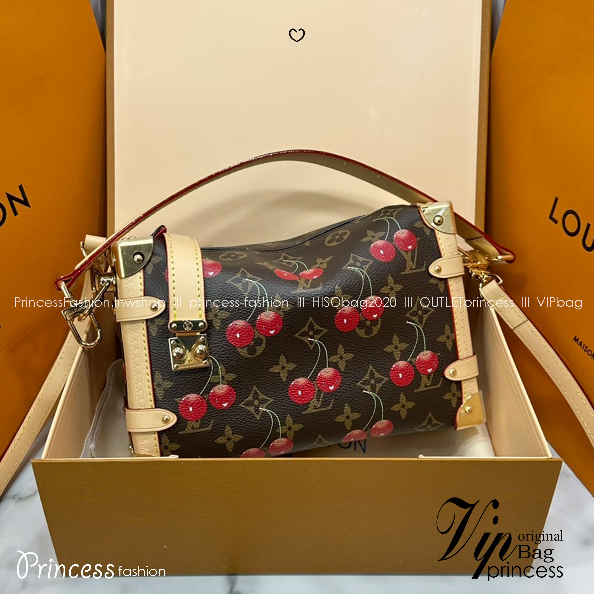 ORI หนังแท้ | LV x TM - Side Trunk MM Bag Monogram cherry canvas กระเป๋าสะพายทรงทรังค์ สะท้อนจิตวิญญาณแห่งความสนุกสนาน แสนมีชีวิตชีวา ด้วยตกแต่งลายเชอร์รี่สดใสงดงามอันเป็นเอกลักษณ์ของศิลปินชาวญี่ปุ่น