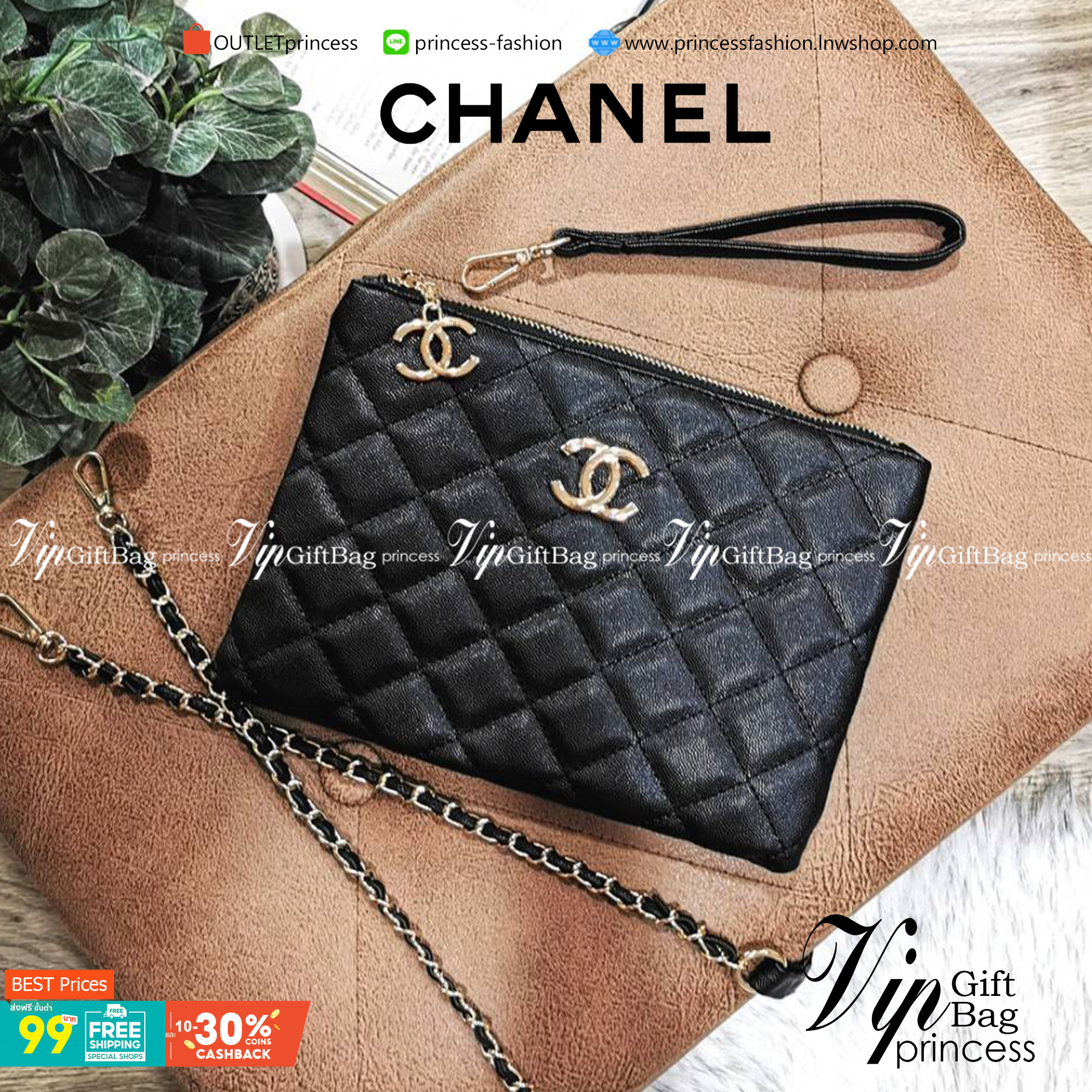 Chanel Crossbody Bag VIP Gift With Purchase (GWP) กระเป๋าสะพายพรีเมี่ยมกิ้ฟจาก Chanel Cosmetic Counter DutyFree วัสดุหนังคาเวียร์สวยหรูเปิดปิดด้วยซิปโลโก้แบรนด์สีทองสะดวกใช้ ด้านหน้ามีโลโก้ ด้านหลังมีช่องใส่ของ ภายในมีช่องซิป ใส่มือถือ ธนบัตร เครื่องสำอาง