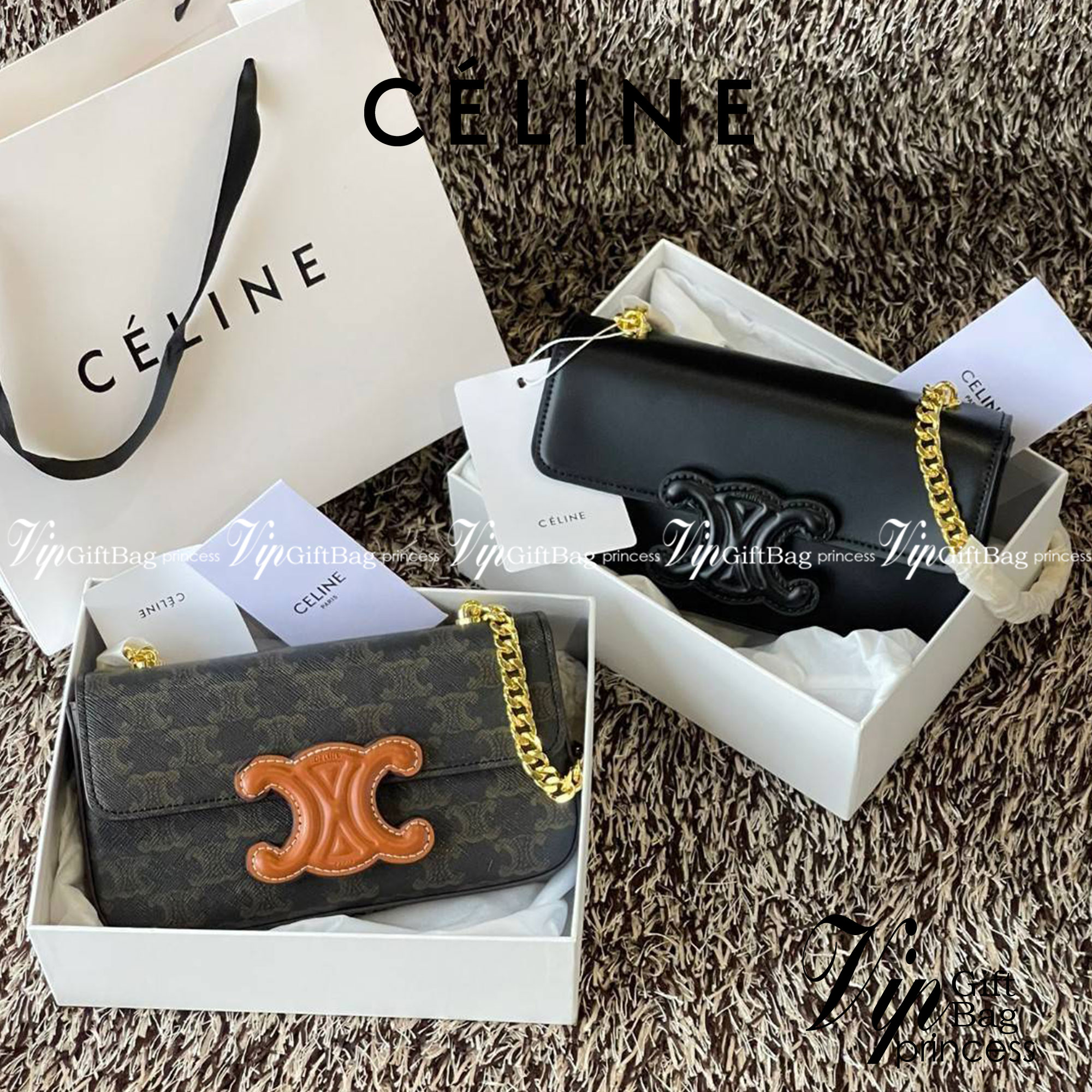 Celine Chain Shoulder Bag Cuir Triompe In Triompe เป็นกระเป๋าถูกประดิษฐ์ขึ้นในรูปทรงมินิมอล นับว่าเป็นกระเป๋าอีกหนึ่งรุ่นในซีรีส์ Triomphe ที่ได้รับความนิยมอย่างมาก โดยเป็นกระเป๋าสะพายไหล่ทรงสี่เหลี่ยมผืนผ้าที่อัดแน่นไปด้วยกลิ่นอายความคลาสสิกตามแบบฉบับของ