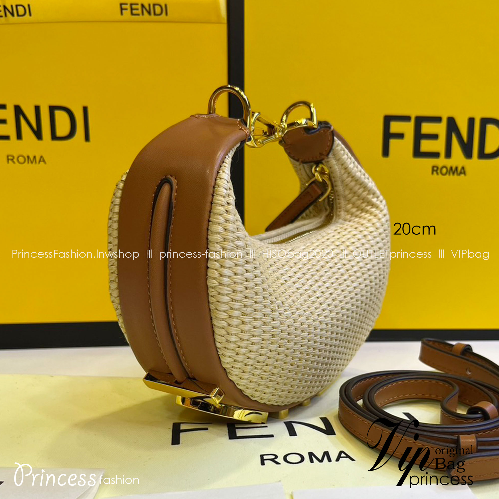 FENDI Nano Fendigraphy Natural raffia charm / Fendi hobo bag 20cm พร้อมส่ง กระเป๋าสะพายไหล่เฟนดิ Natural straw รุ่นใหม่ สวยหรู **สินค้าเกรดออริจินอล 1:1 สลับแท้