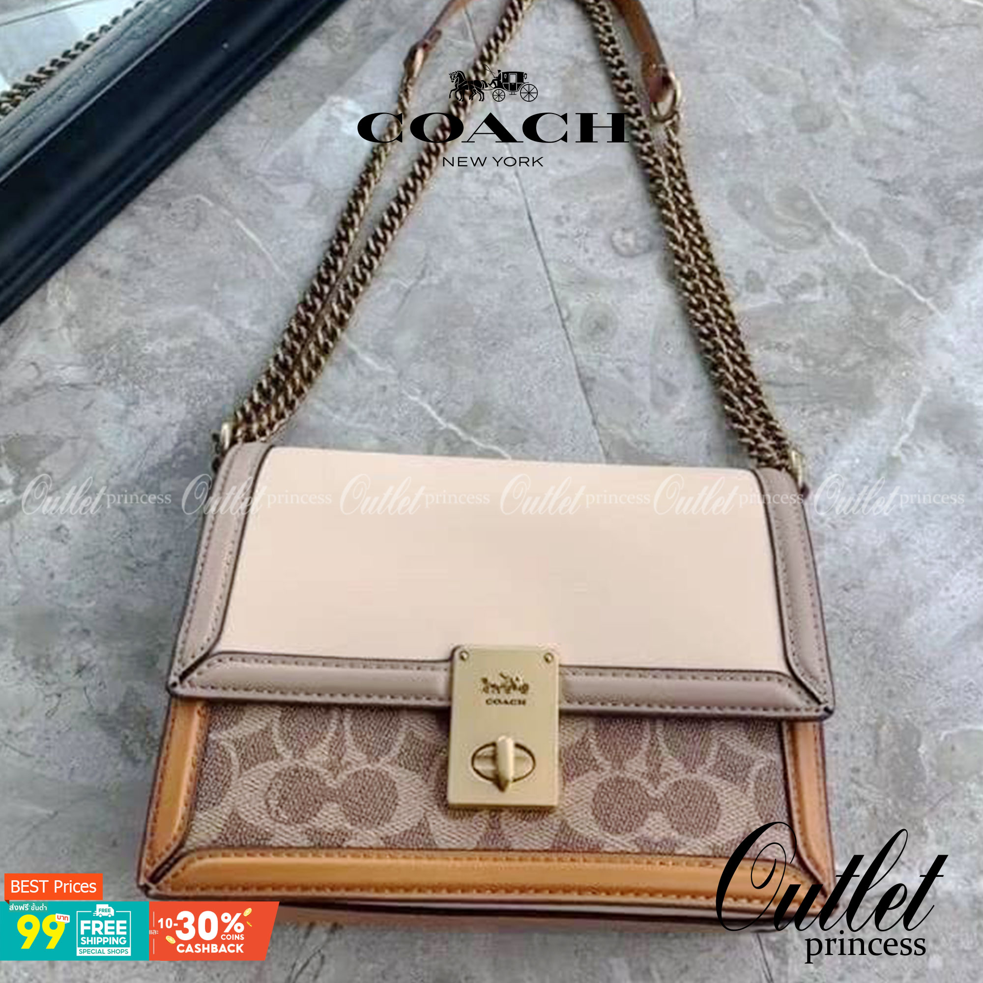 COACH HUTTON SHOULDER BAG IN SIGNATURE CANVAS sold out ไปกันทั่วหน้าในหลายประเทศ กับกระเป๋าสะพายที่สุดของความหรู ดีไซน์คลาสสิควินเทจ ลูกเล่นสีแทนสนิมตัดกับอะไหล่สีทองเหลืองดูย้อนยุคและหรูหรา วัสดุหนังแคนวาสสลับหนังแท้ สายสะพายโซ่สลับหนัง ปรับสะพายได้ 2 แบ