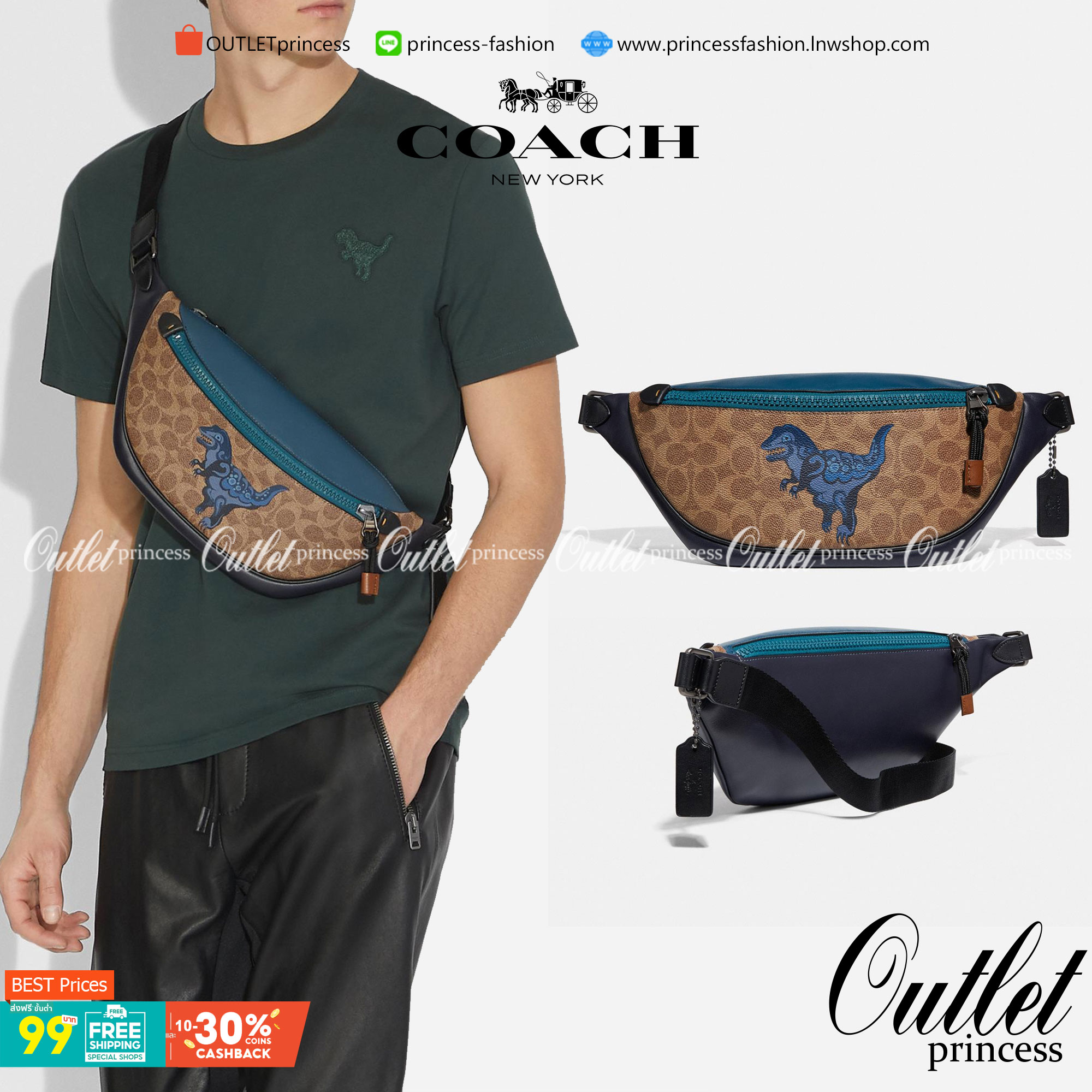 OUTTLET 】COACH RIVINGTON BELT BAG IN SIGNATURE CANVAS WITH REXY BY ZHU JINGYI