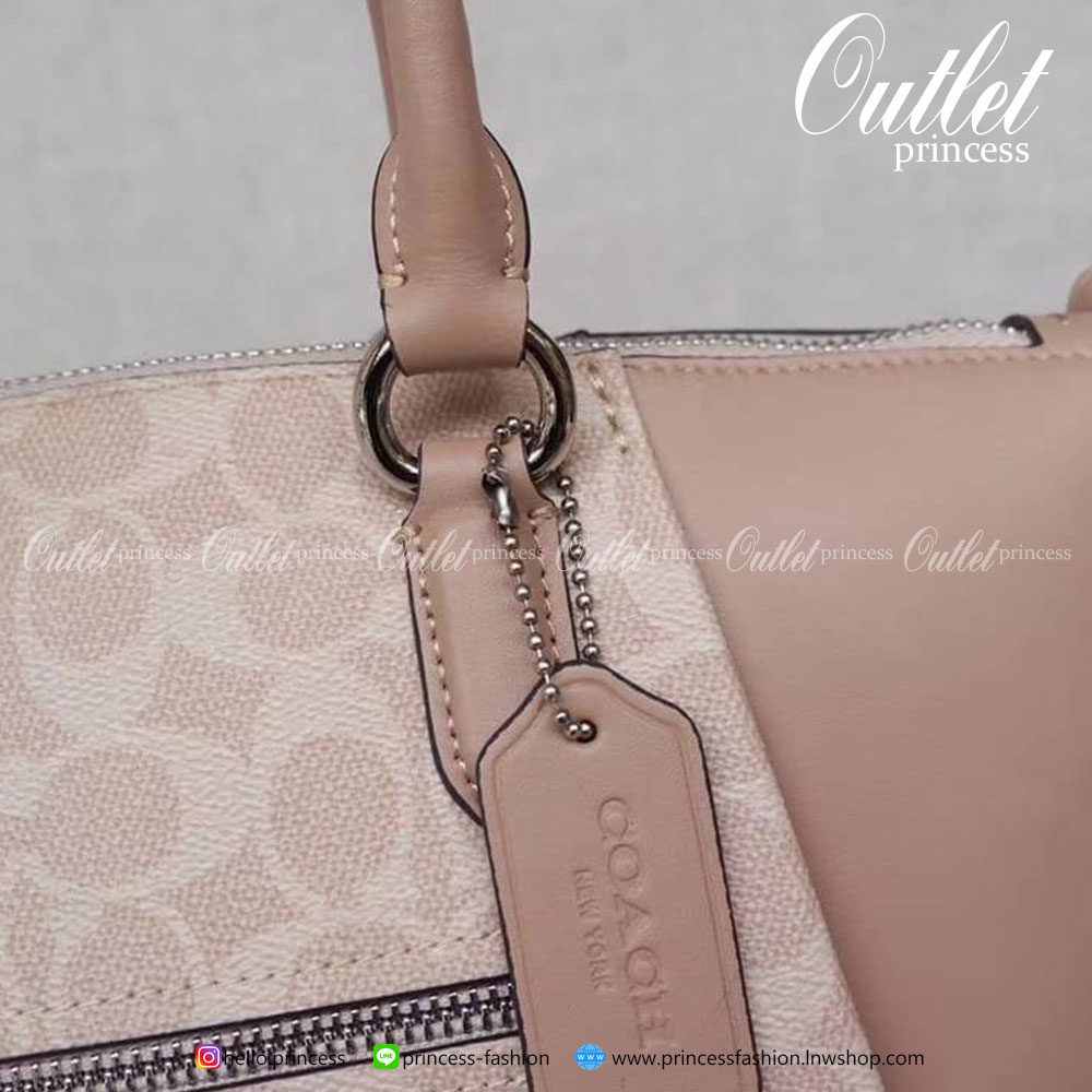 Coach Elise Satchel In Signature Canvas Product Details Signature coated canvas and refined calf leather Inside zip and snap pockets Zip-top closure, fabric lining Handles with 4 1/2" drop Outside zip pocket