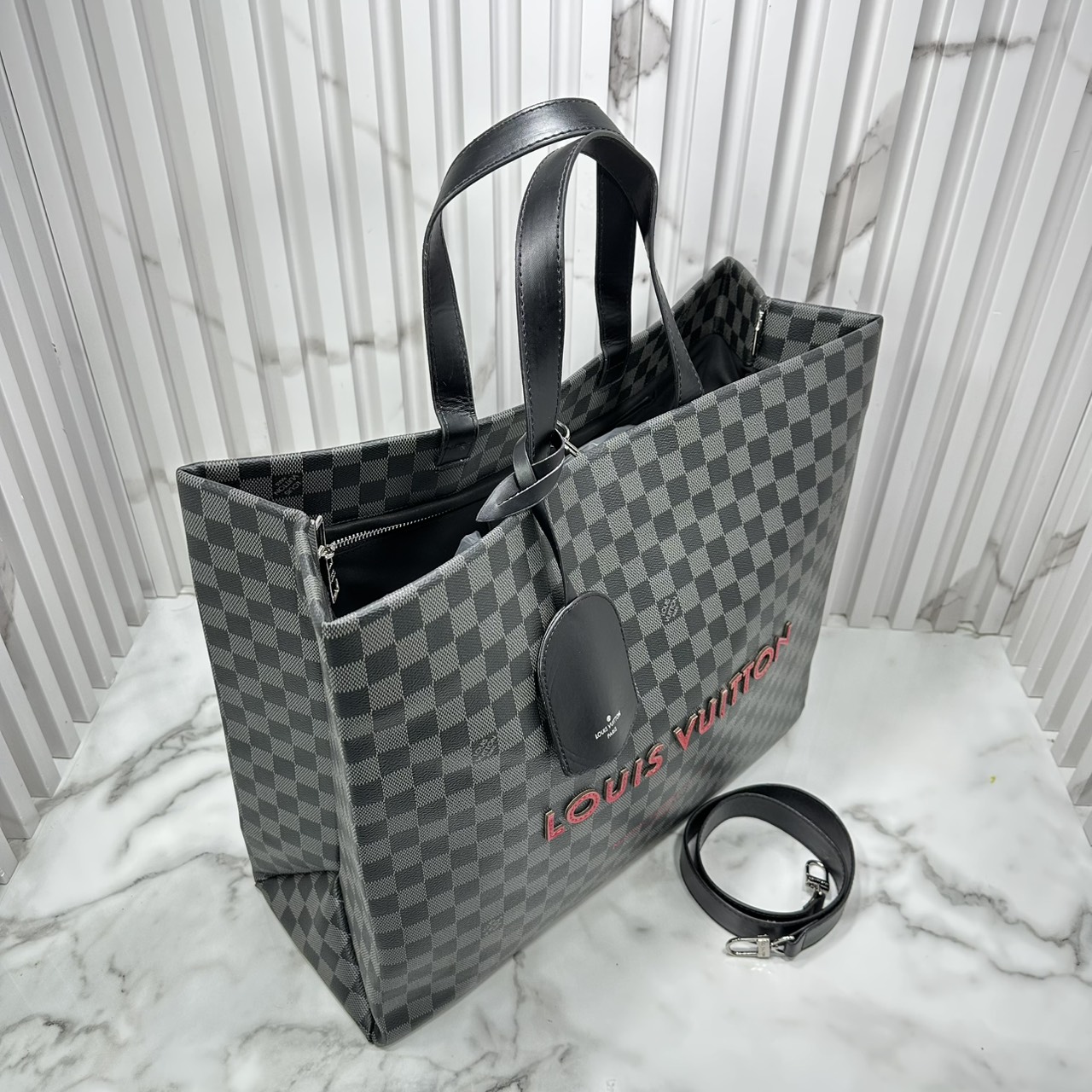 ORI หนังแท้ | LV Shopper Tote MM bag / Damier Black กระเป๋าทรงโท้ทใบใหญ่ แต่งลายตัวอักษรแบบลายมือเต็มใบ