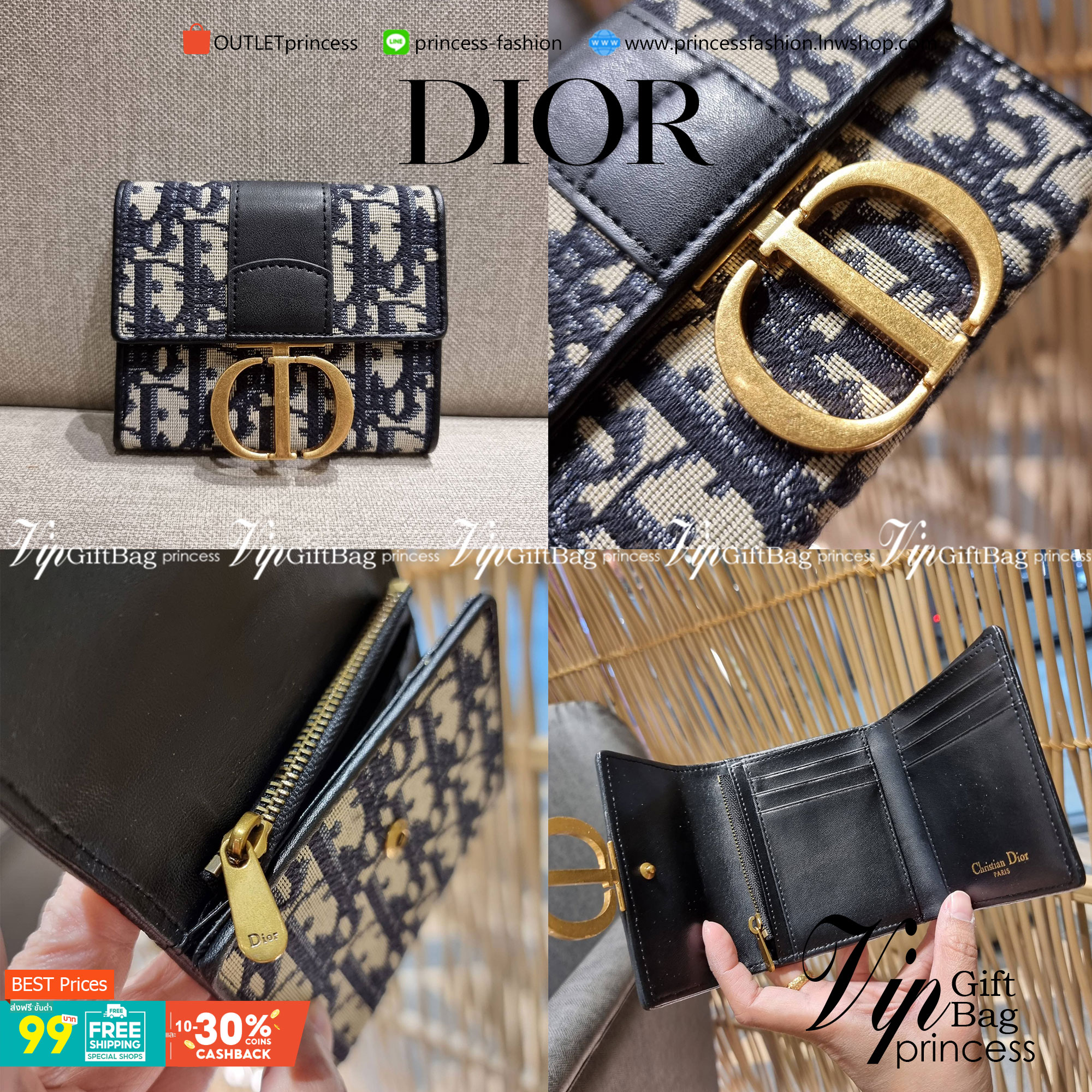 VIP 】CD TRIFOLD WALLET WITH GWP ที่สุดของความคลาสสิค กระเป๋าสตางค์ใบสั้นแบบพับ พรีเมี่ยมกิ๊ฟจากเคาน์เตอร์ วัสดุผ้าแคนวาสปักลาย สลับหนังแท้ภายใน โลโก้สีทองเหลือง สวยวินเทจ โดดเด่นเป็นเอกลักษณ์ ภายในมีช่องใส่บัตร ใส่ธนบัตร ใส่เหรียญได้ คัดมาให้แบบปังๆ ต้องจ