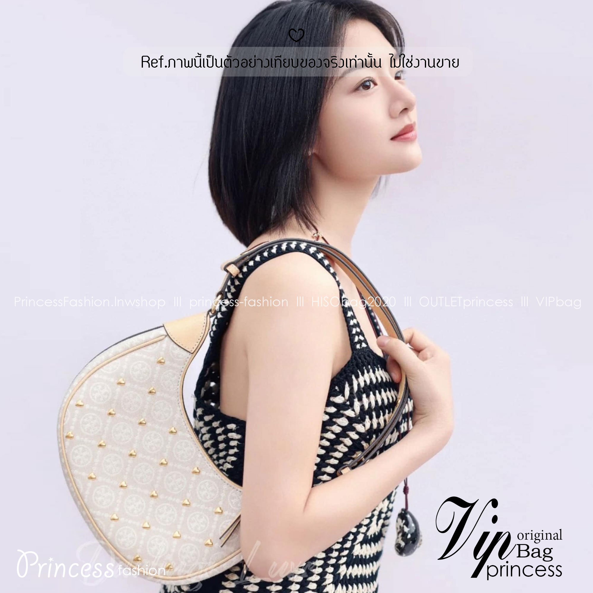 TORY BURCH T Monogram Crescent Bag NEW IVORY MULTI กระเป๋าทรงพระจันทร์เสี้ยวแต่งหัวใจสีทองสวยหรู น่ารักรุ่นใหม่ล่าสุด เกรดท็อปออริ เทียบแท้ 1:1 เกรดดีสุด