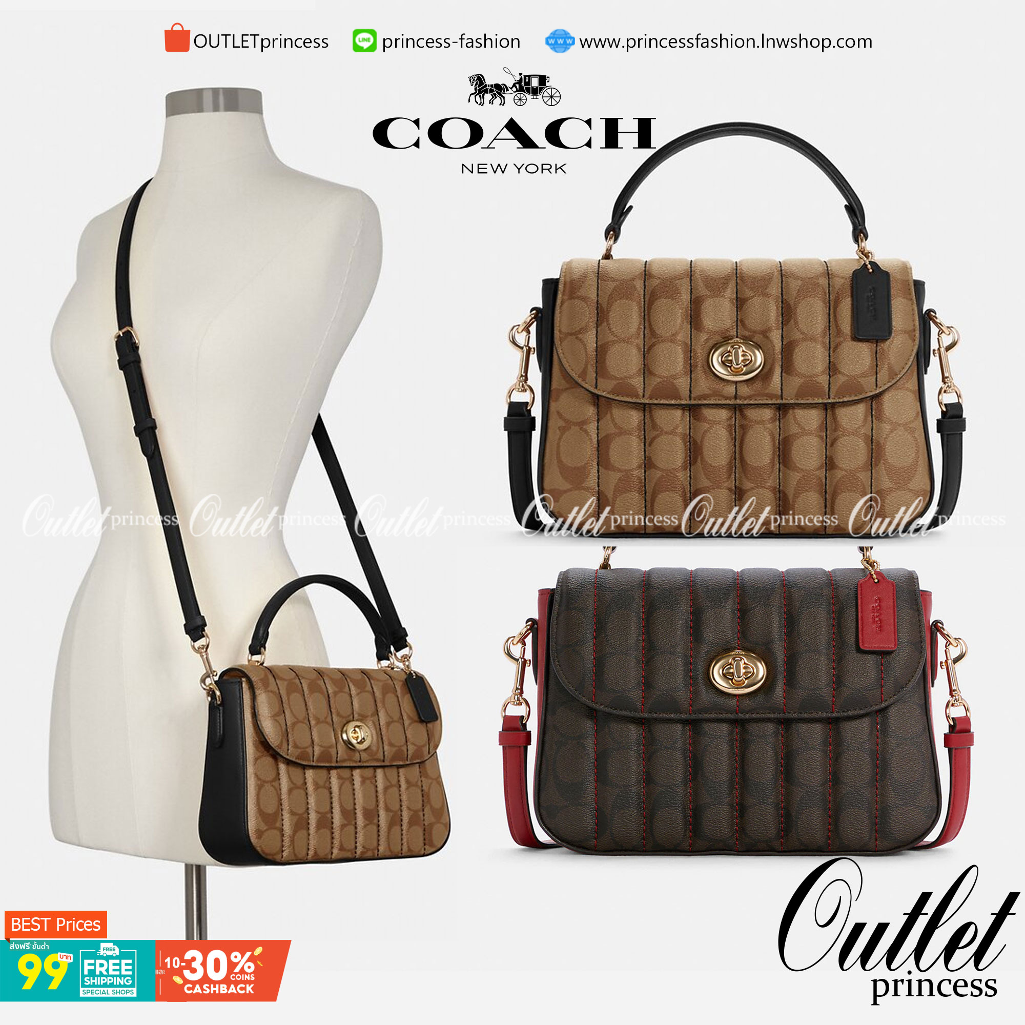 OUTLET 】COACH C5645 MARLIE TOP HANDLE SATCHEL IN SIGNATURE CANVAS WITH QUILTING ดีไซน์ใหม่ กระเป๋าถือ/สะพายข้าง ออกแบบมาไม่เหมือนใคร โดดเด่นด้วยการเย็บบุหนัง โชว์ดีเทลลายเส้น ตกแต่งโลโก้ด้านข้างอะไหล่ทอง วัสดุหนังแคนวาสสลับหนังแท้ เปิด-ปิดด้วยตัวล็อคแน่นห