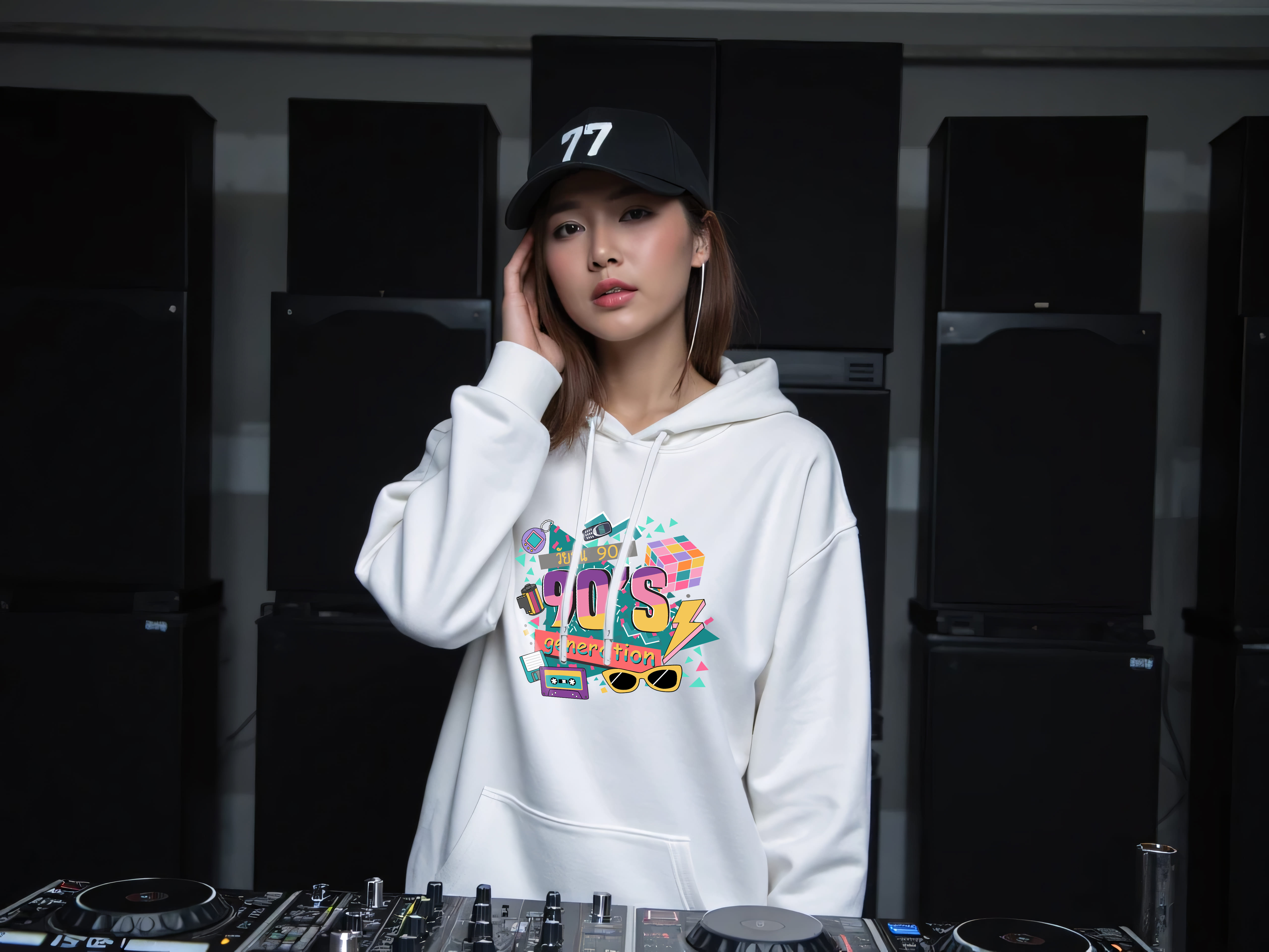 77DESIGN เสื้อฮูด วัยรุ่น 90s สีขาว