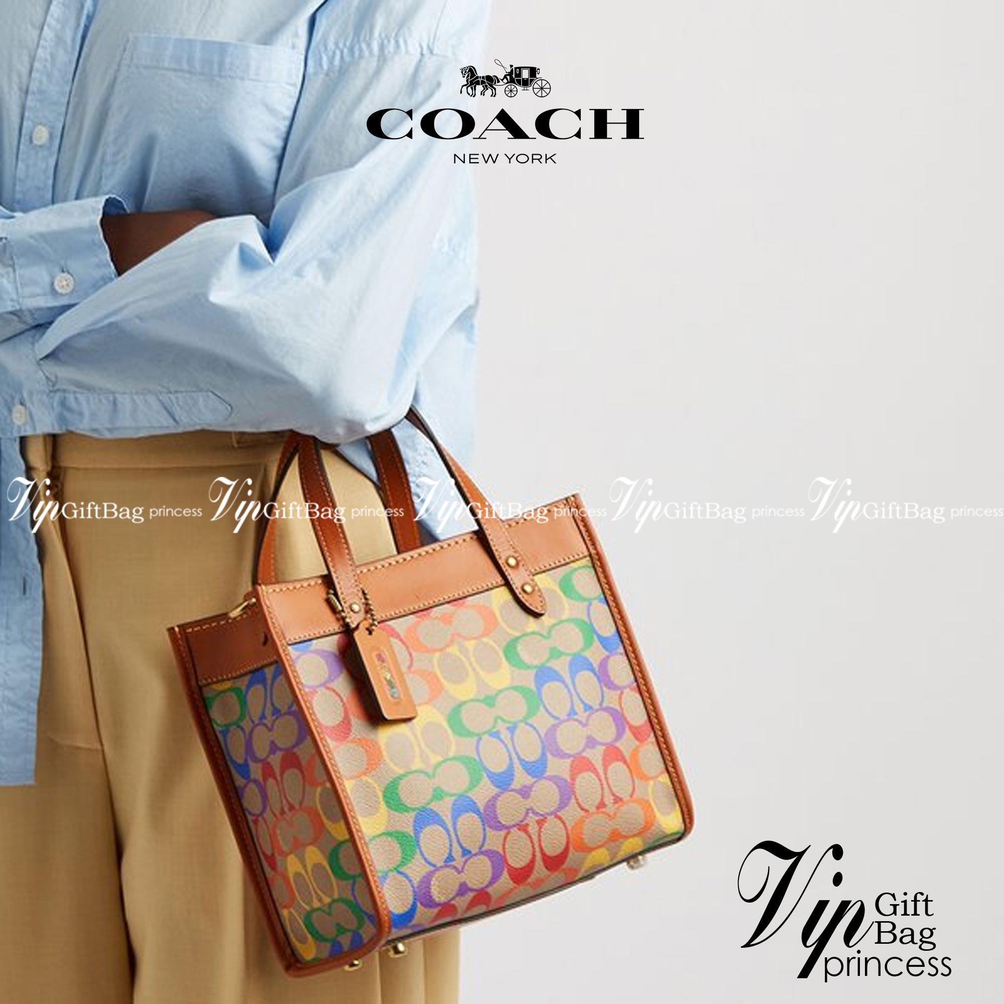 COACH Field Tote 22 In Rainbow Signature Canvas C5142 พร้อมส่งที่ไทย