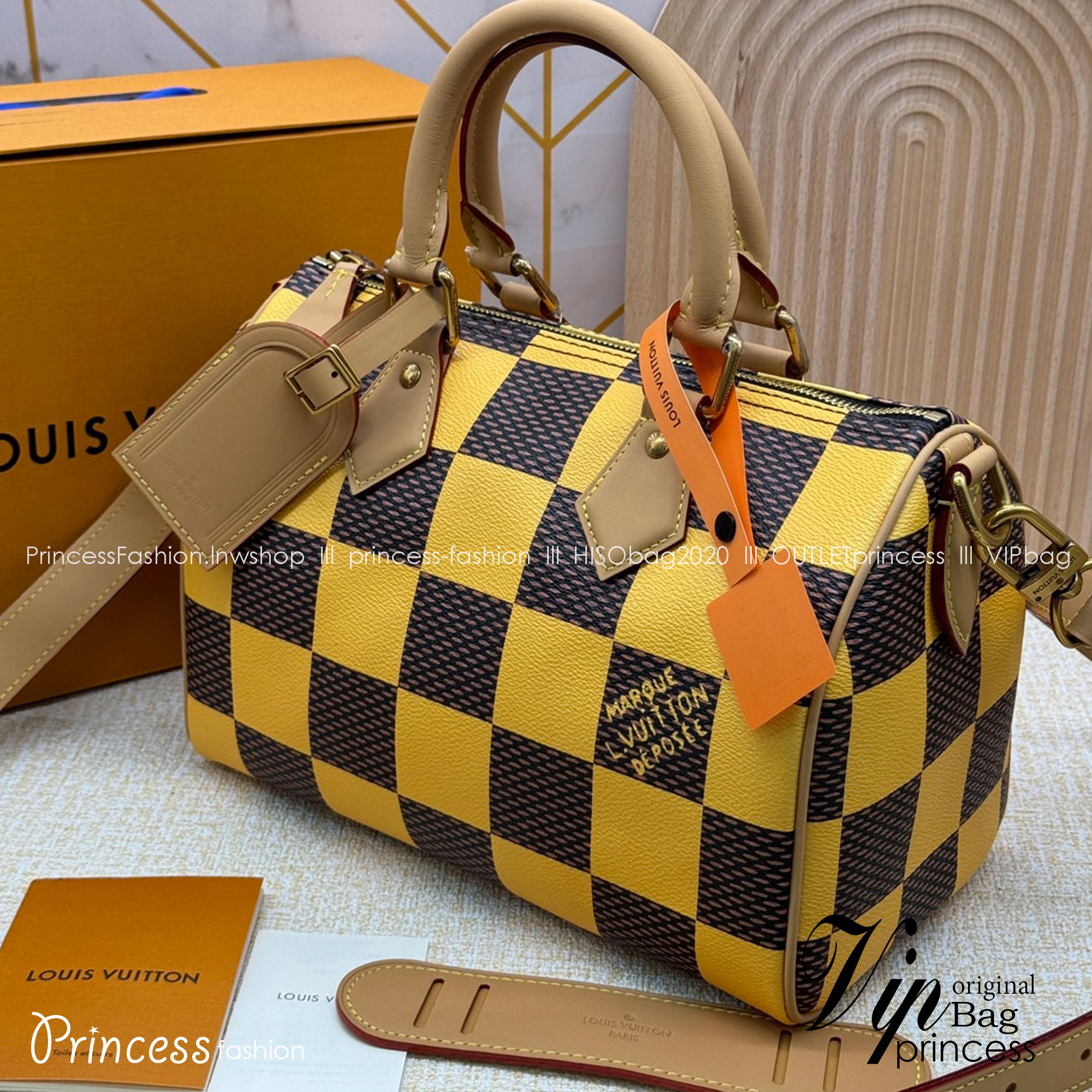 TOP ORI สลับแท้ 1:1 ผ่านทุก ตม LV Speedy 25 Bandoulière Damier Pop กระเป๋าสะพายสปีดี้สีใหม่ Jaune Mat ราพุ่งไปแล้ว หลังจากตะลิชถือ