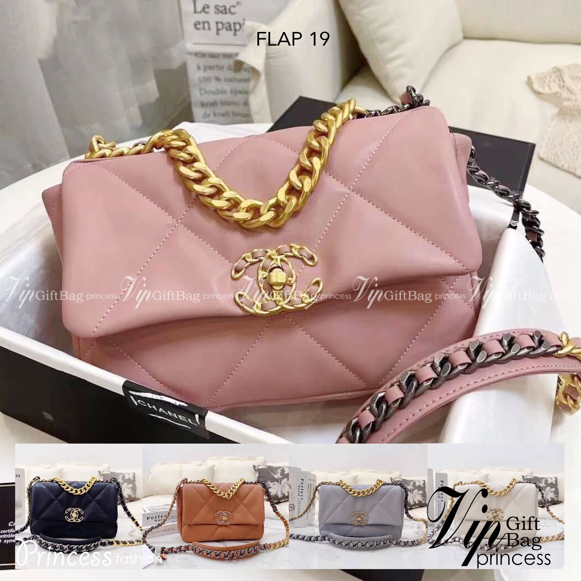 CHANEL 19 FLAP BAG กระเป๋าสะพายทรงคลาสสิค หนังนิ่ม เงาขึ้นรูปสวย ดีไซต์สายสะพายโซ่สองสีสลับหนัง ตกแต่งโลโก้แบรนด์ที่ด้านหน้าอะไหล่สีทอง สวยหรูมาแต่ไกล ด้านหลังมีช่องสำหรับเก็บของหนึ่งช่อง สามารถสะพายออกงานได้หลายโอกาส สวยงามไม่ผิดหวังค่ะ