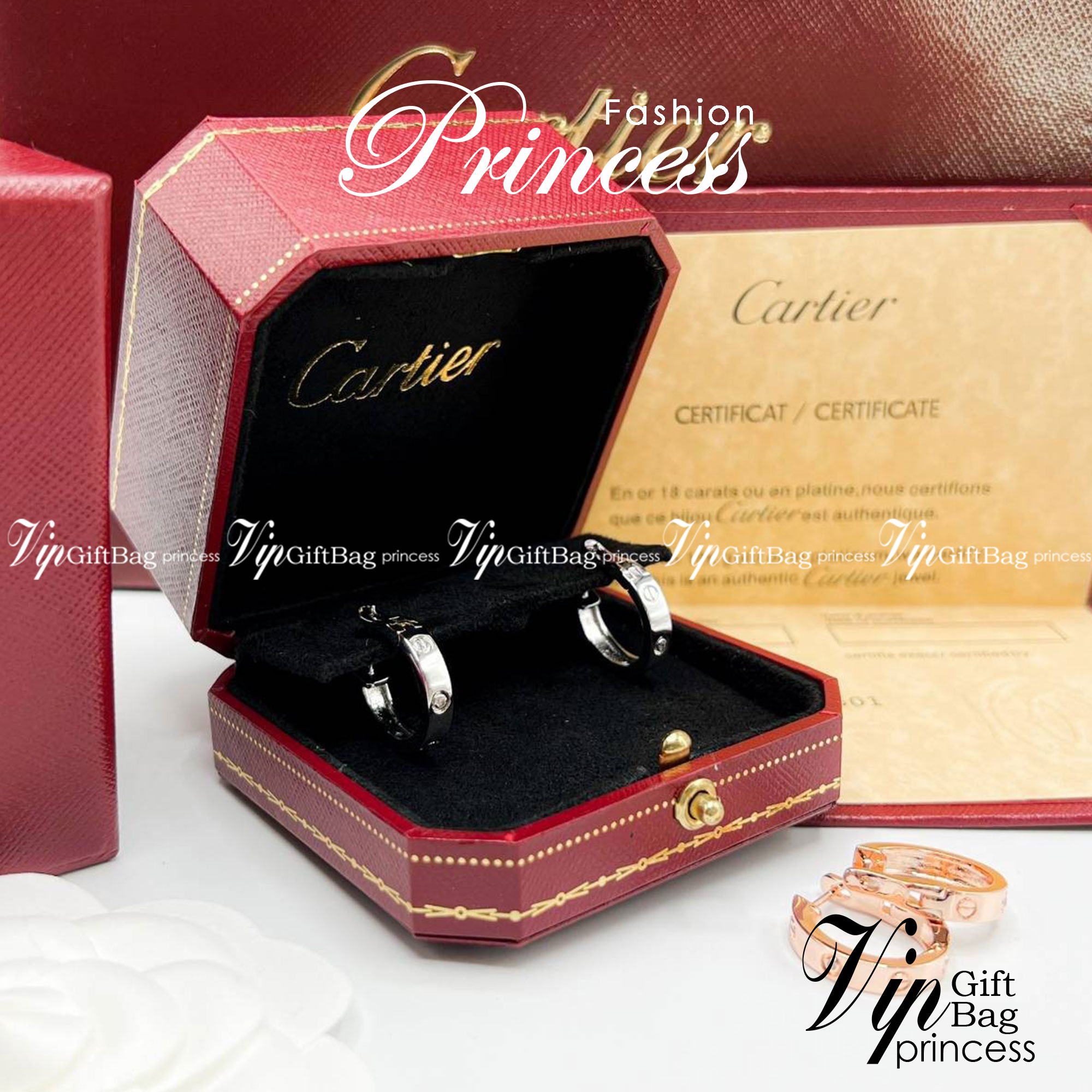 Cartier love earring ต่างหูคาเทียร์ รุ่น LOVE ไม่มีเพชร พร้อมกล่อง ภาพถ่ายจากงานจริง งานปั้มวัสดุโลหะเคลือบขึ้นเงาตามรูป ใช้งานต่างประเทศได้