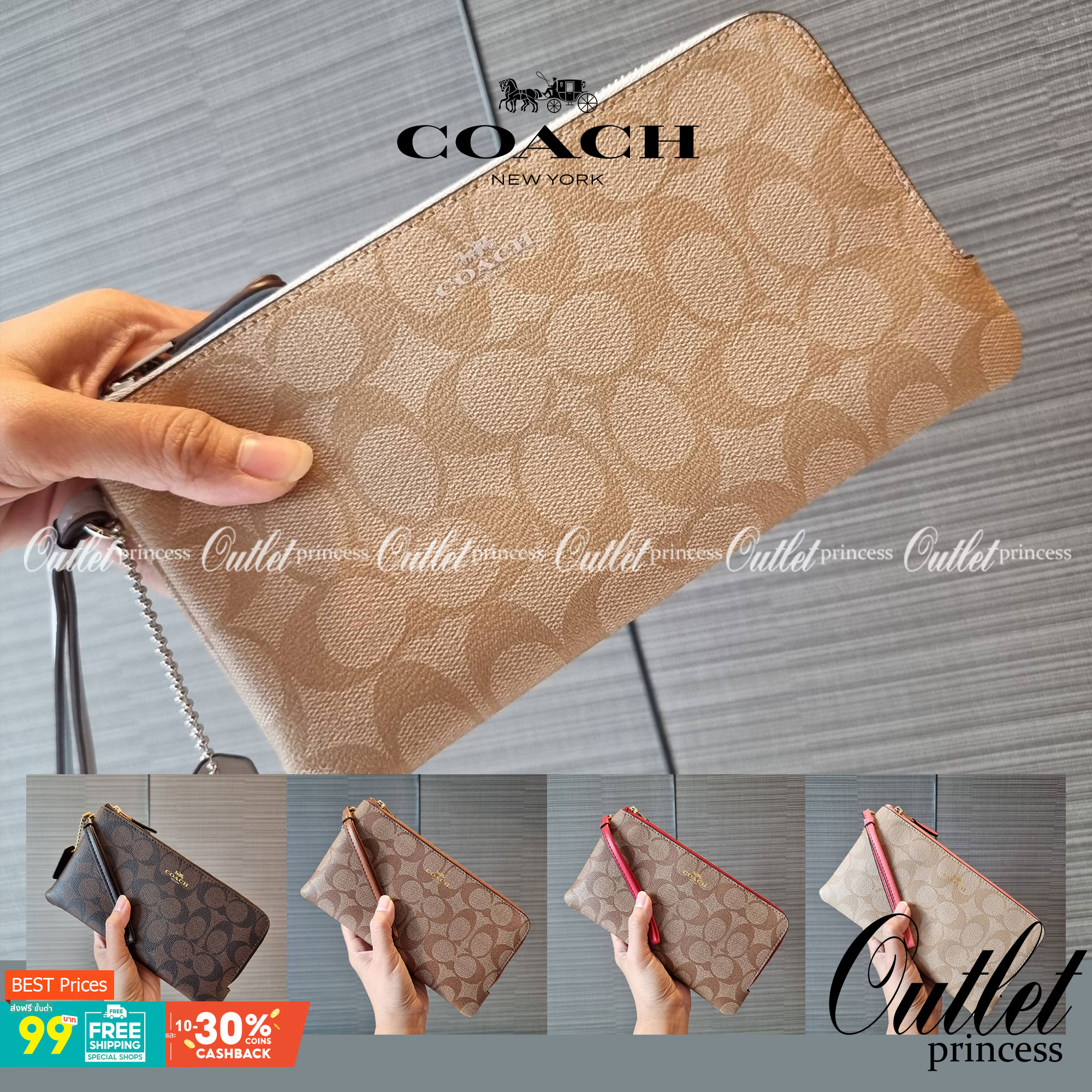 COACH F54057 DOUBLE ZIP WALLET IN SIGNATURE กระเป๋าคล้องมือ size L ใบนี้ใส่มือถือได้ทุกรุ่น ขนาดกำลังดี พกพาสะดวกมากๆ วัสดุหนังสังเคราะห์ ภายในเป็นผ้าสีสวยคม ใส่ธนบัตร ใส่บัตรได้เยอะ ใส่มือถือได้สบายๆทุกรุ่น ตอบโจทย์สาวๆที่ไม่ชอบพกเยอะวุ่นวายจ้า ใบนี้เอาอ