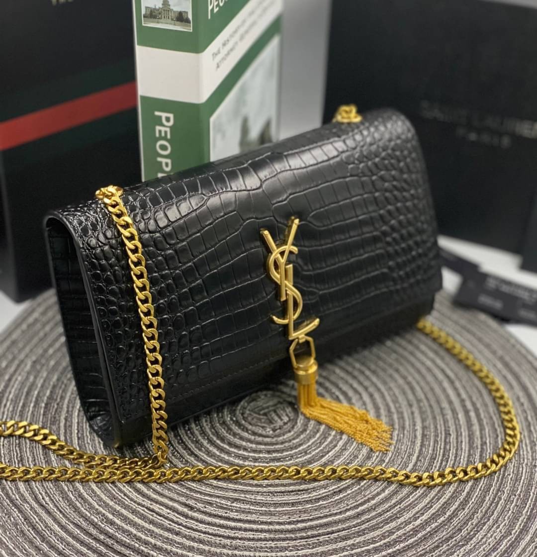 VIP 】หนังแท้ YSL Saint Laurent Kate Tassel Bag in Black Crocodile-Embossed Leather with Gold Hardware