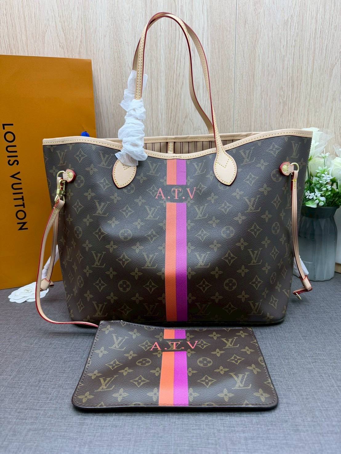 ORI หนังแท้ | LV Neverfull MM Mon Monogram / LV Tote Bag กระเป๋าสะพายทรงโท้ทใบใหญ่ คาดแถบชมพู