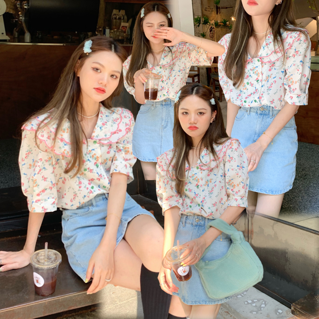 พร้อมส่ง 🌽 Pink flower tops เสื้อแขนสั้นผ้าชีฟองลายดอกสีชมพู (IN37086)