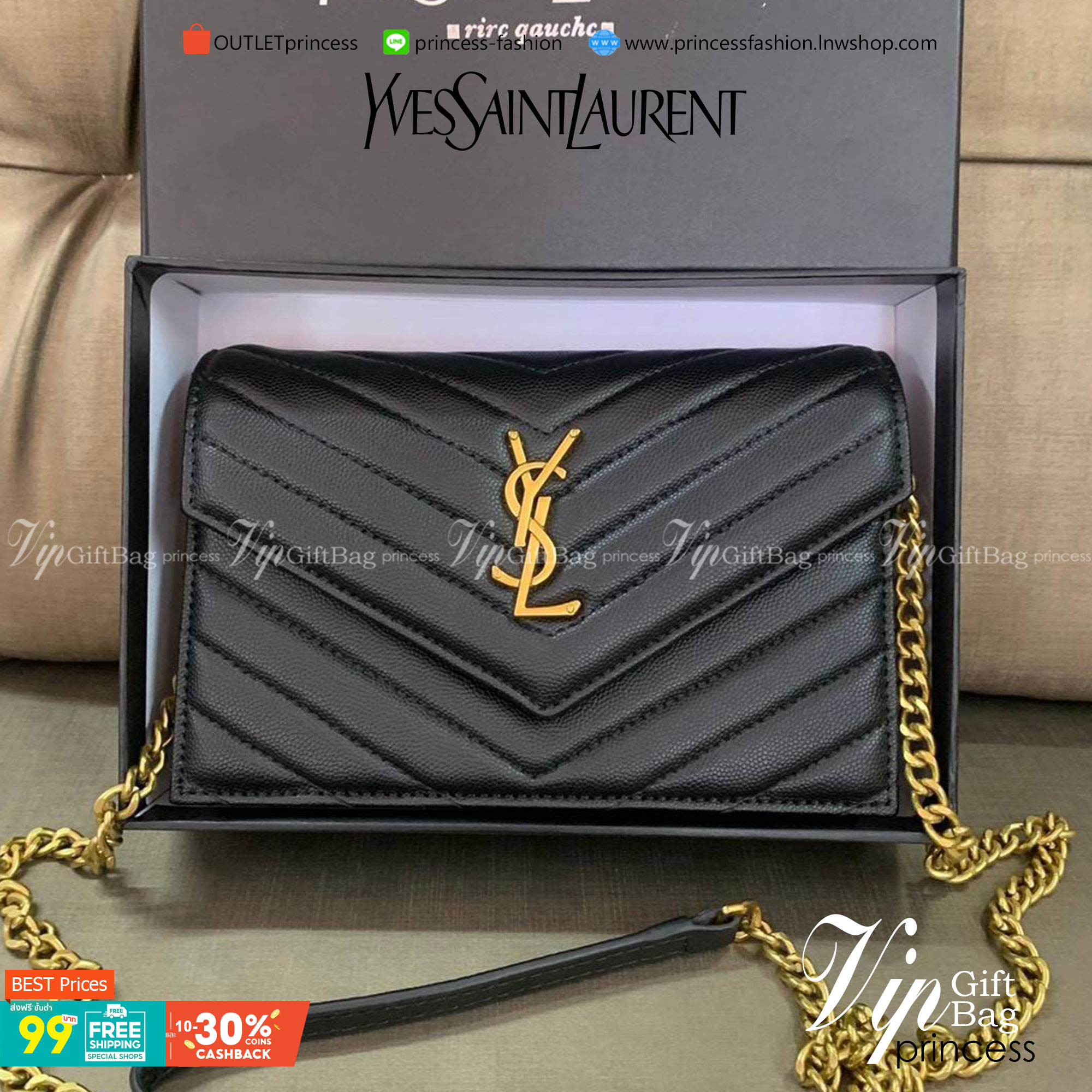 YSL Bag รุ่น Saint Laurent WOC VIP GIFT WITH PURCHASE (GWP) พรีเมี่ยมกิ๊ฟ Limited Edition จาก YSL รุ่นฮอตปรอทแตก วัสดุหนังแกะสังเคราะห์ หนังขึ้นรูปเงาสวย เป็นการดีไซน์กึ่งกระเป๋าสตางค์ ที่มาพร้อมสายสะพายยาว (เป็นสายโซ่ที่ต่อกับหนัง) สายถอดได้ (ปรับระดับไม