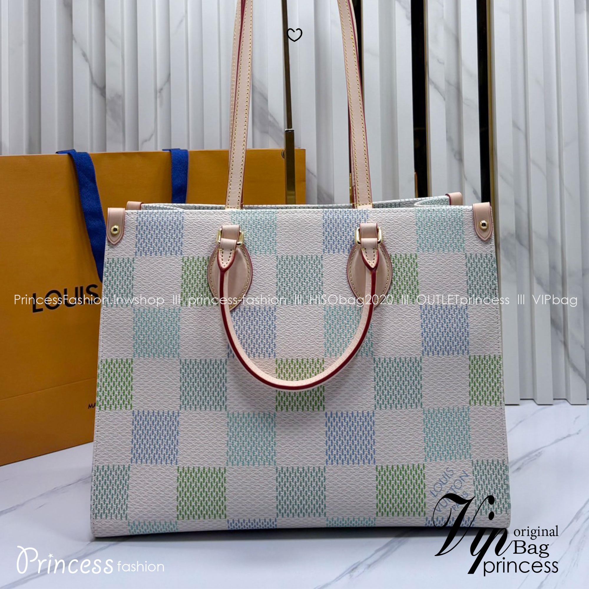 ORI หนังแท้ | LV OnTheGo MM Damier Giant Canvas Pistachio colorway กระเป๋าสะพายทรงโท้ท ดีไซน์สีพาสเทลน่าหลงไหล สวยหวานใหม่ล่าสุด