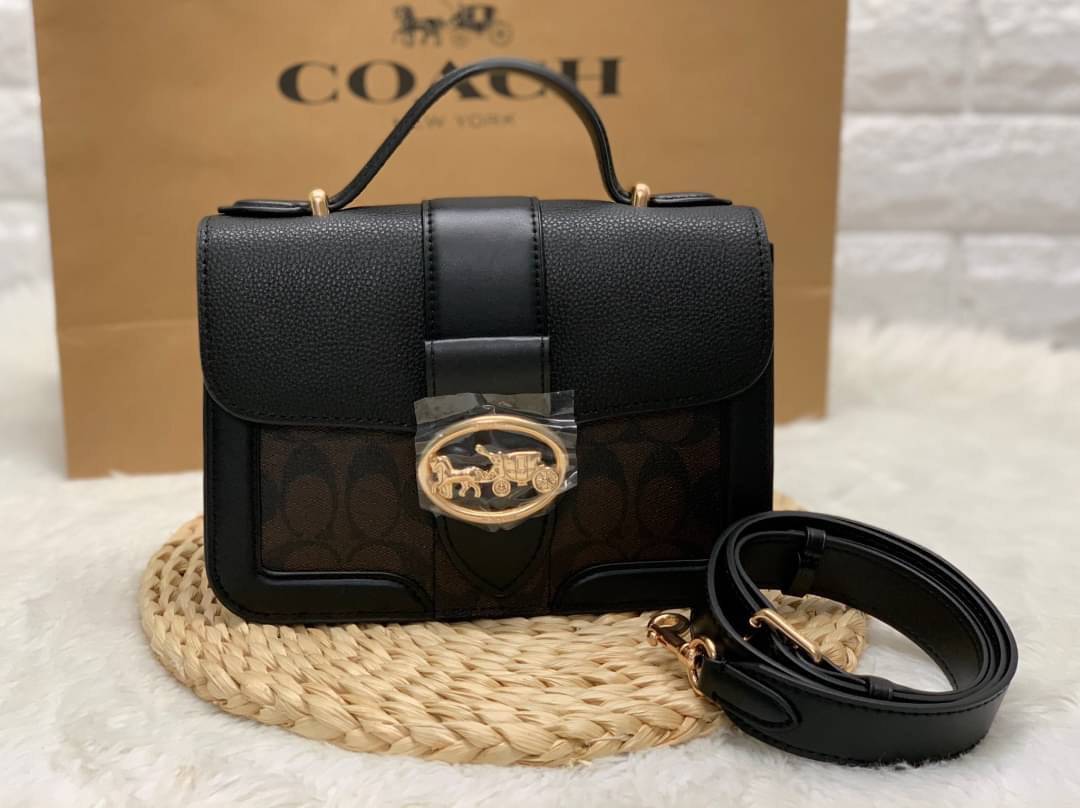 ของแท้ 💯% COACH SMALL GEORGIE TOP HANDLE IN BLOCKED SIGNATURE CANVAS ((6504//0468)) กระเป๋าหิ้ว//สะพายข้างได้ วัสดุหนังแท้