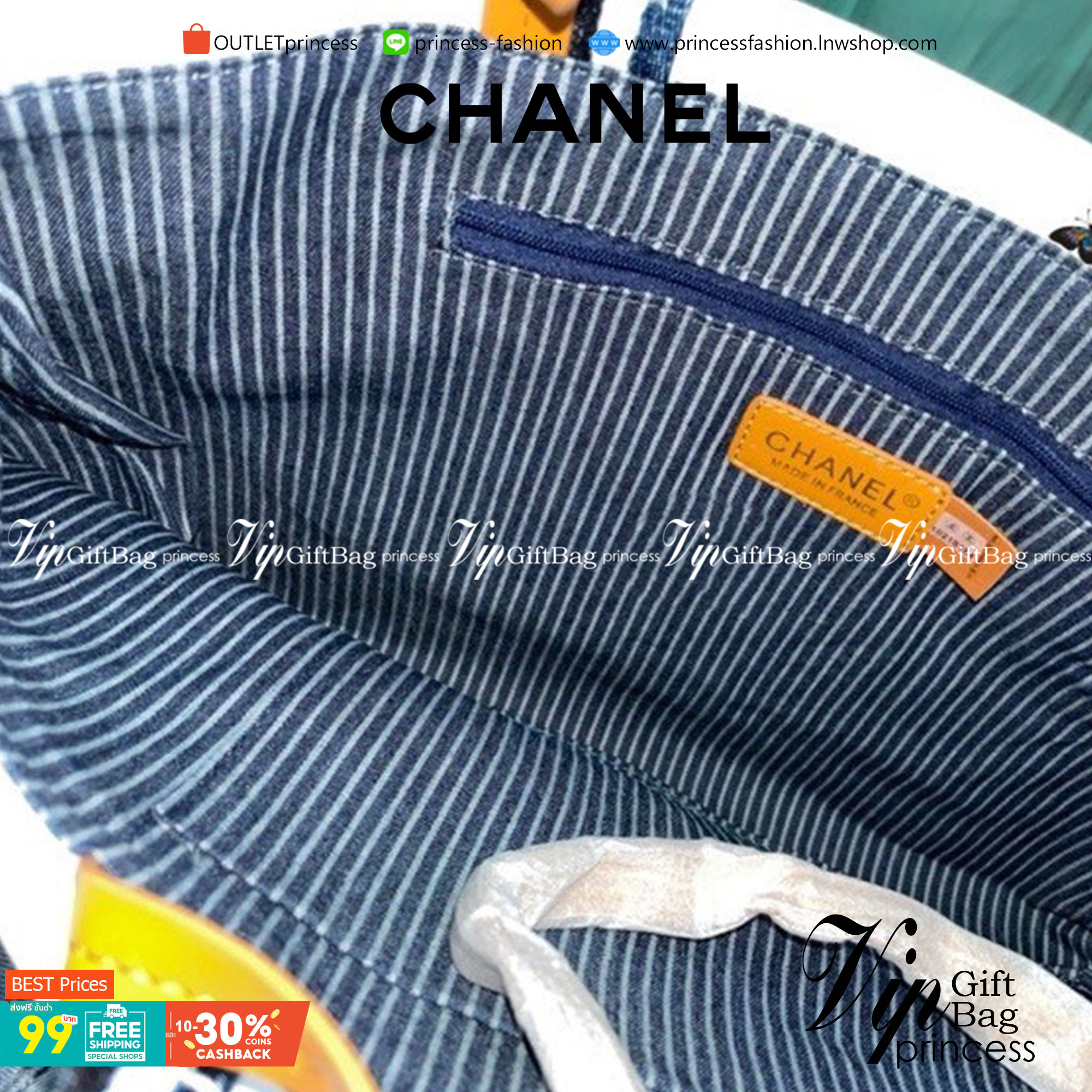 VIP 】CHANEL Spring Tote Blue Striped Beach Bag กระเป๋าทรง Shopping ใบใหญ่กำลังดี วัสดุผ้าแคนวาสตัดเย็บด้วยการเดินด้ายสวยงามเลอร์ค่ามาก สีน้ำเงินในลุคสดใส ไปทะเลได้แบบคูลๆ จุของได้เยอะ Rare items เด็ดๆแบบนี้ควรค่าเเก่การสะสมสาวก Chanel ห้ามพลาดค่ะ!