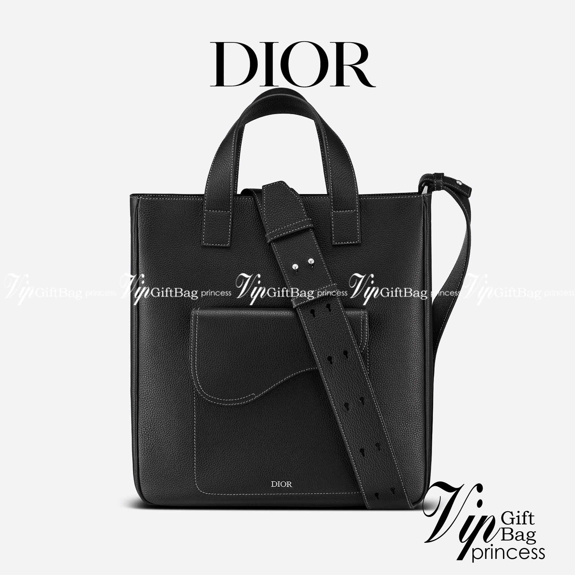 หนังแท้ CHRISTIAN DIOR SADDLE TOTE BAG WITH SHOULDER STRAP Black Grained Calfskin พร้อมส่งที่ไทย เกรดออริจินอลหนังแท้ทั้งใบ ภาพสินค้าถ่ายจากงานขายจริง ใช้งานต่างประเทศได้