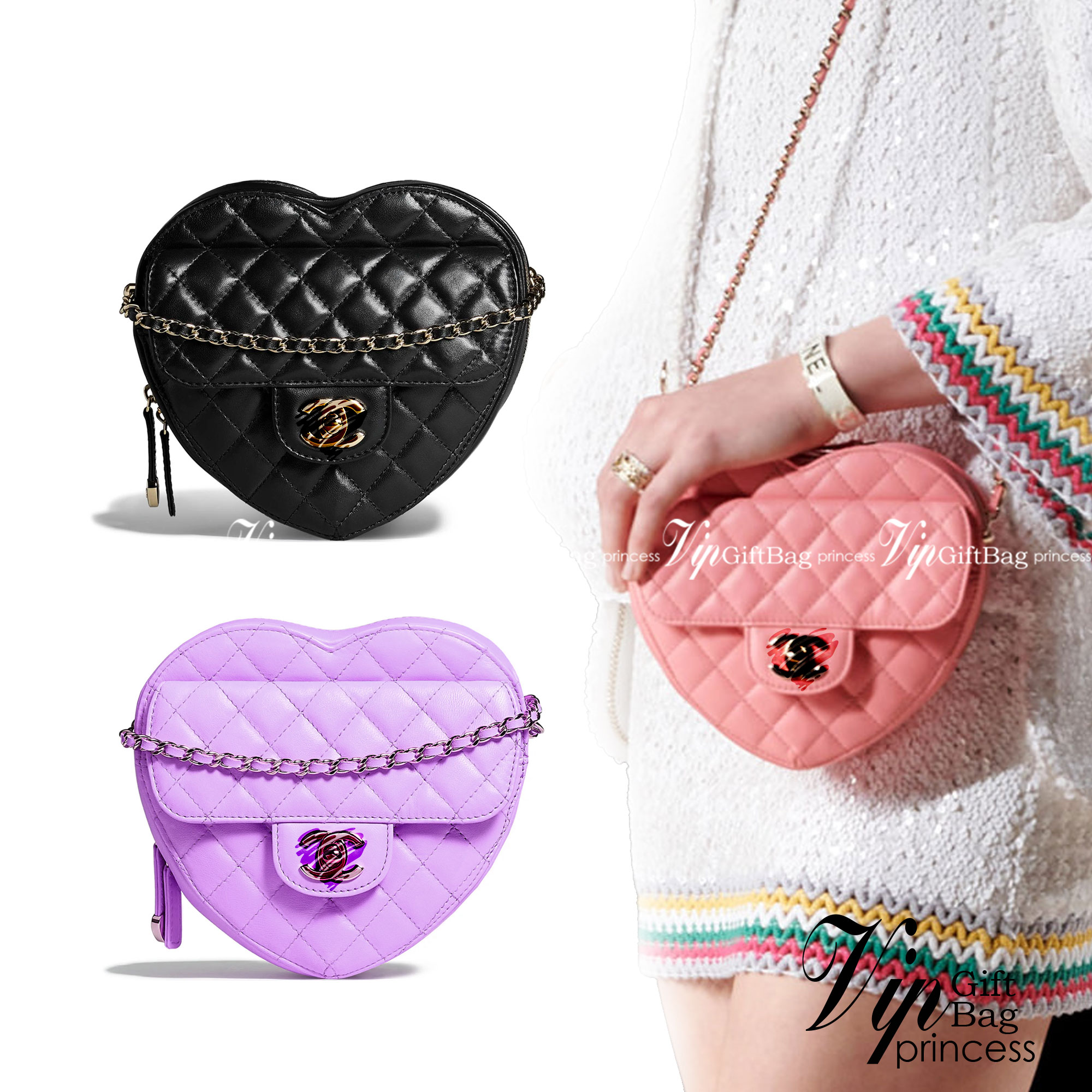 CHANEL Heart Bag Lambskin & Gold-Tone Meta ใหม่มาก สวยมาก มงมาก!! กระเป๋าสะพายสุดคิ้วท์ ที่ดีไซน์รูปทรงหัวใจไม่ซ้ำใคร น่ารักทุกสี น่าใช้ไปเลยแม่!! วัสดุหนังแกะฟอกสี เปิด-ปิดด้วยซิป ด้านหน้ามีช่องเก็บของจุกจิก ภายในเป็นช่องโล่ง ใส่มือถือ ใส่กระเป๋าสตางค์สั