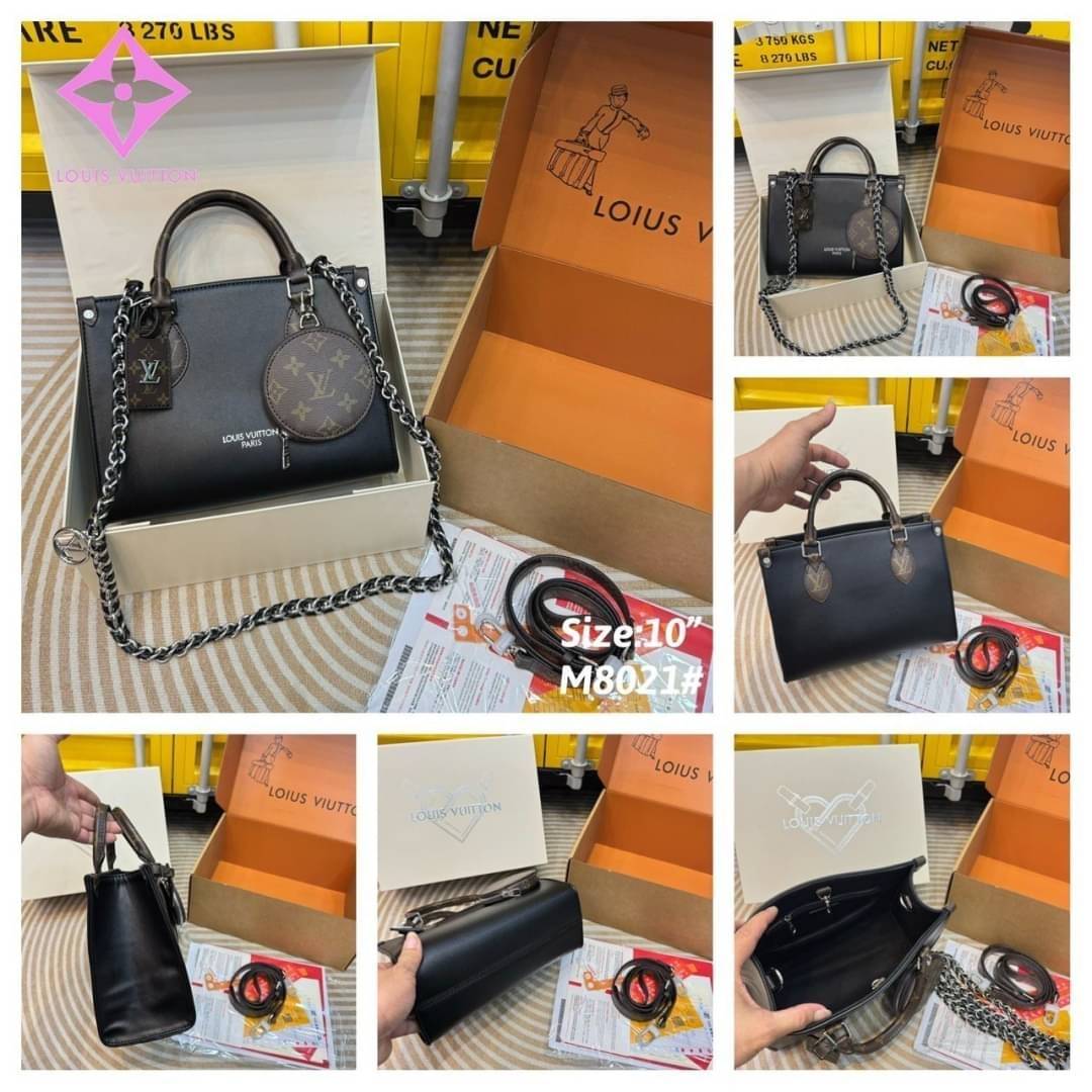 LV Onthego Leather Tote Bag กระเป๋าทรงโท้ทดีไซน์ใหม่ สีดำสุดคลาสสิก พร้อมสายสะพายโซ่ร้อยหนังสีดำเข้าเซ็ทและใบลูกลายโมโนแกรมตัดสีกันได้อย่างลงตัว ตอบโจทย์ได้ทุกลุค ทุกสไตล์