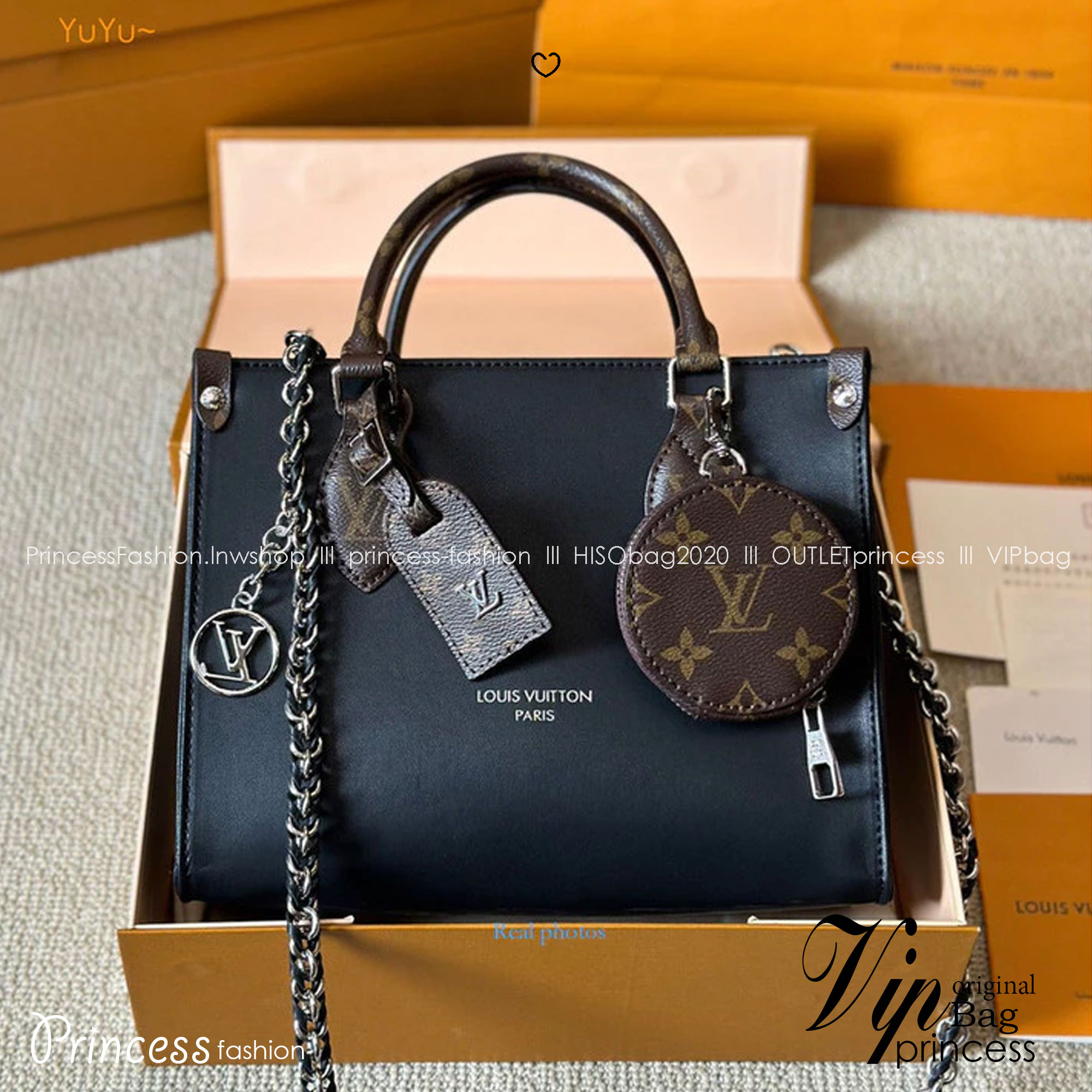 LV Onthego Leather Tote Bag กระเป๋าทรงโท้ทดีไซน์ใหม่ สีดำสุดคลาสสิก พร้อมสายสะพายโซ่ร้อยหนังสีดำเข้าเซ็ทและใบลูกลายโมโนแกรมตัดสีกันได้อย่างลงตัว ตอบโจทย์ได้ทุกลุค ทุกสไตล์