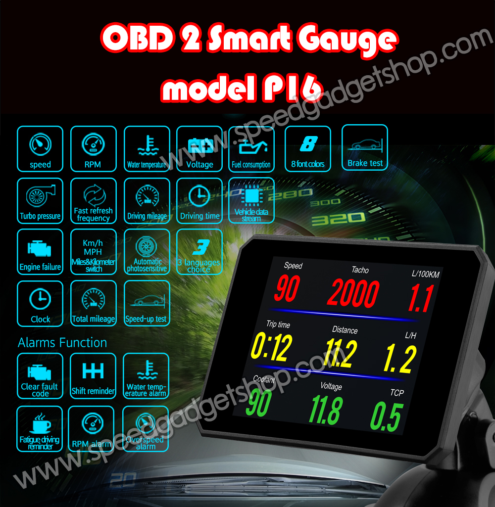 เกจวัด obd OBD2 Smart gauge Display Meter รุ่น P16 วัดความร้อนหม้อน้ำ วัดความเร็ว วัดรอบ วัดแบต นาฬิกาดิจิตอล มีเสียงเตือน ติดตั้งกับ port obd2 ไม่ต้องตัดต่อสายไฟ (อ่านโค้ด ลบโค้ด เครื่องยนต์ได้)