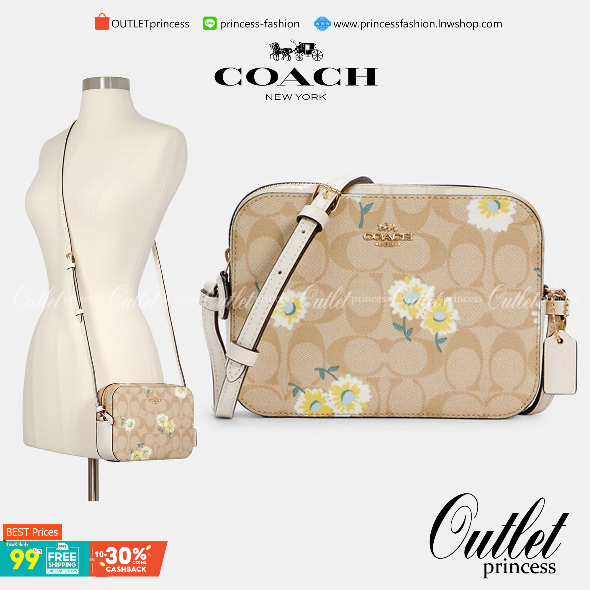 COACH C3354 MINI CAMERA BAG IN SIGNATURE CANVAS WITH DAISY PRINT คอลเลคชั่นใหม่ เอาใจสายหวาน!! กระเป๋าสะพายข้างไซส์มินิ ทรงสวยกำลังดี ดีไซน์ตกแต่งลายดอกเดซี่ คิ้วท์แบบไม่มีใครเกินแน่นอน วัสดุหนังแคนวาสเคลือบลาย เปิด-ปิดด้วยซิป สายสะพายปรับได้ตามตัว ภายในม