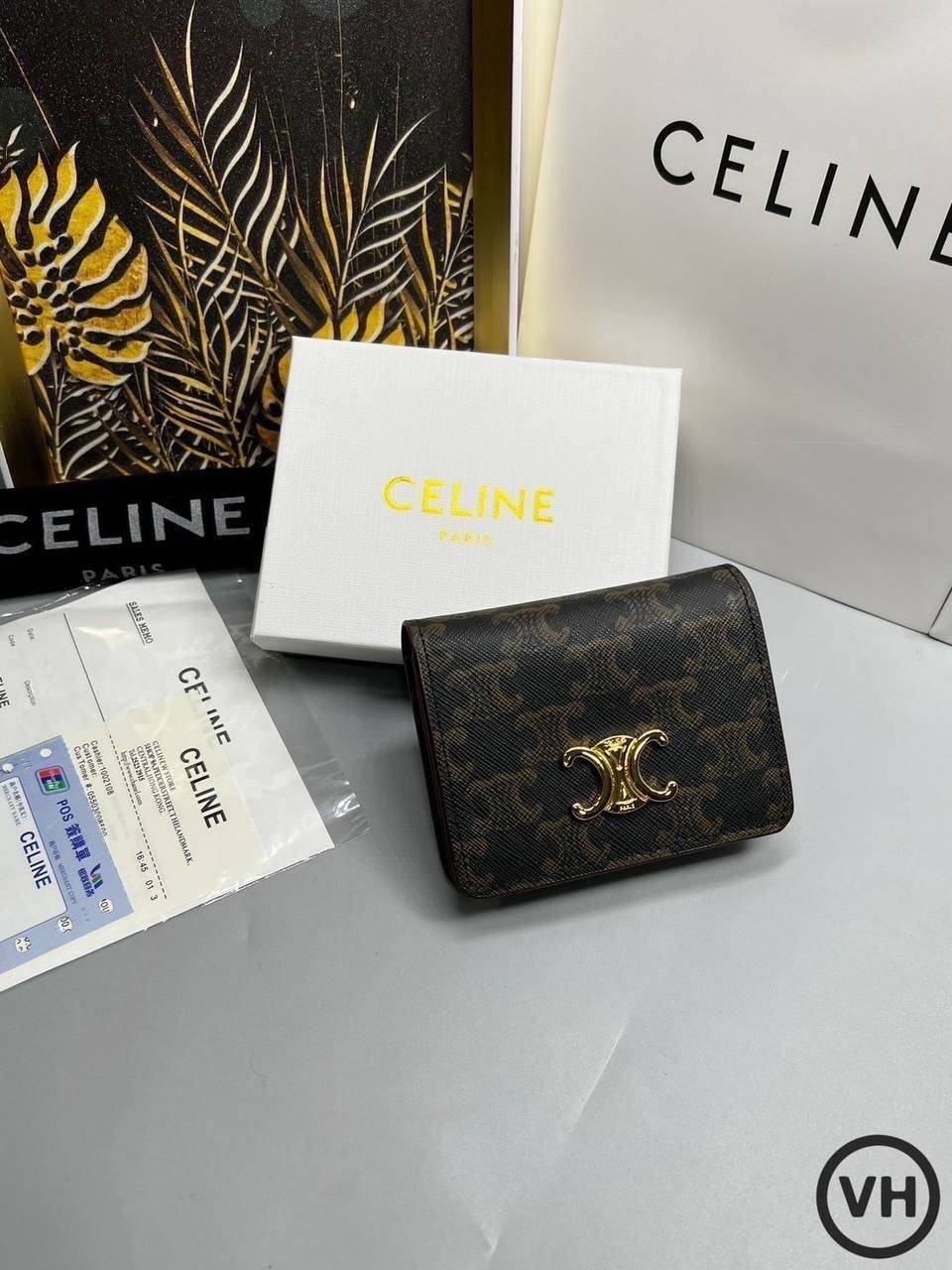 ORI หนังแท้ | CELINE Wallet / Celine Triomphe Compact Wallet กระเป๋าสตางค์ใบสั้น 2 พับ กระเป๋าสตางค์ซีลีน