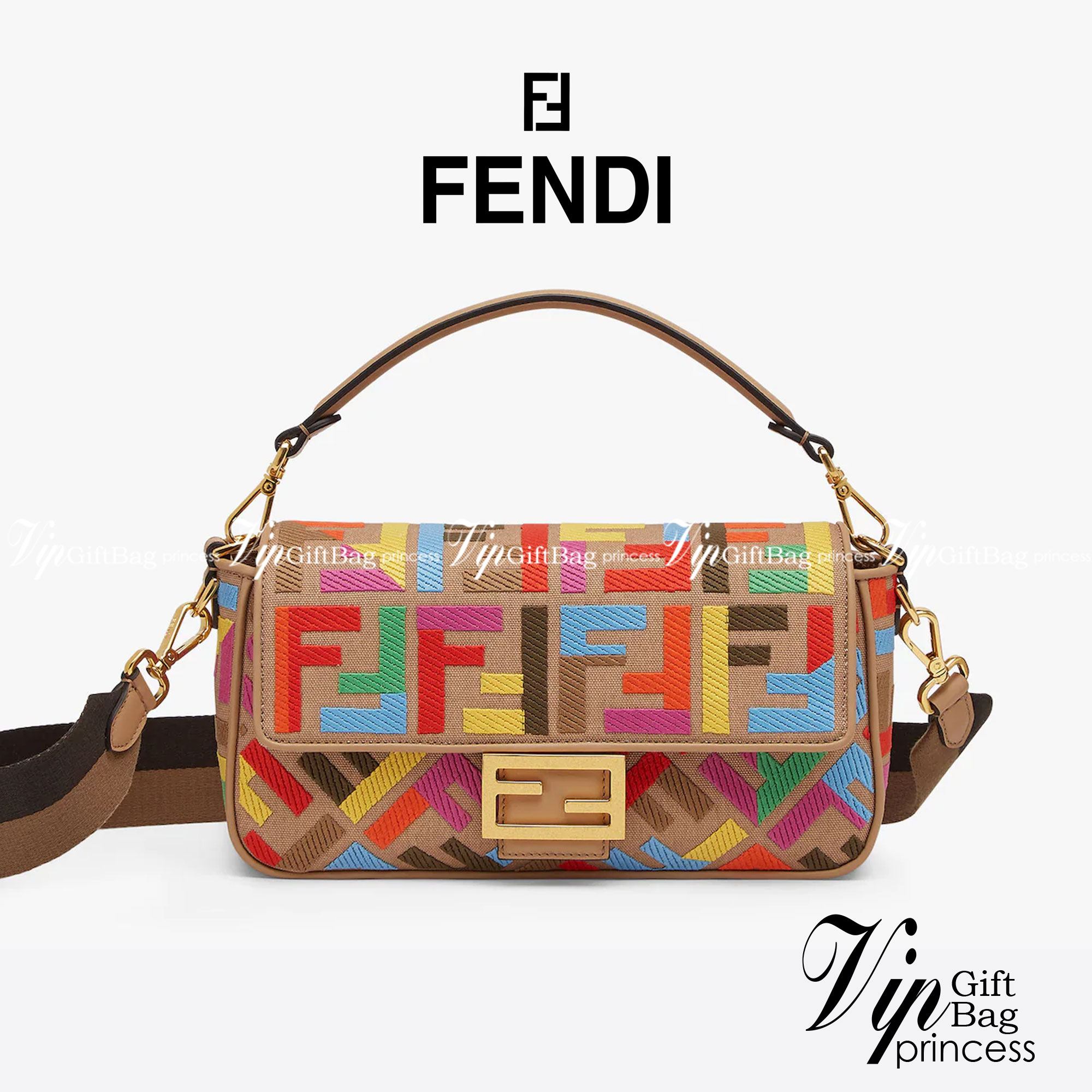 หนังแท้ Fendi Baguette Multicolour bag in canvas with FF monogram medium กระเป๋าสะพายอันเป็นเอกลักษณ์ งานหนังแท้พร้อมทอลายนูน FF ที่มีการปักแบบทูโทน ตัดแต่งด้วยหนังและประดับด้วยตัวล็อค FF มาพร้อมสาย 2 แบบ สำหรับคล้องแขน และสายครอสบอดี้สีทูโทน ภายในเป็นช่อ