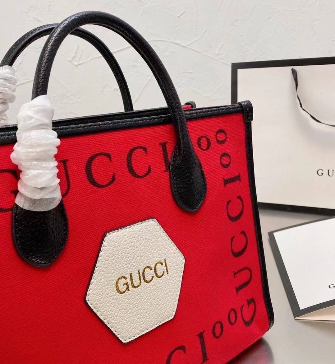 VIP 】Gucci 100 small tote bag Hibiscus red felt with Gucc100 print Black leather พร้อมส่งที่ไทย