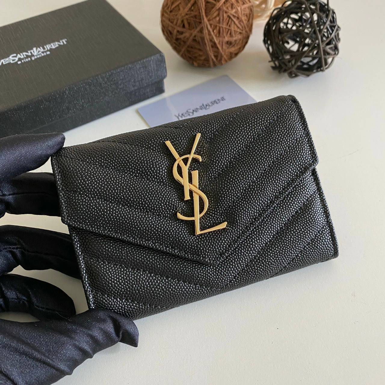 หนังแท้ 12cm YSL SAINT LAURENT GARD HOLDER Small Envelope Monogram Wallet