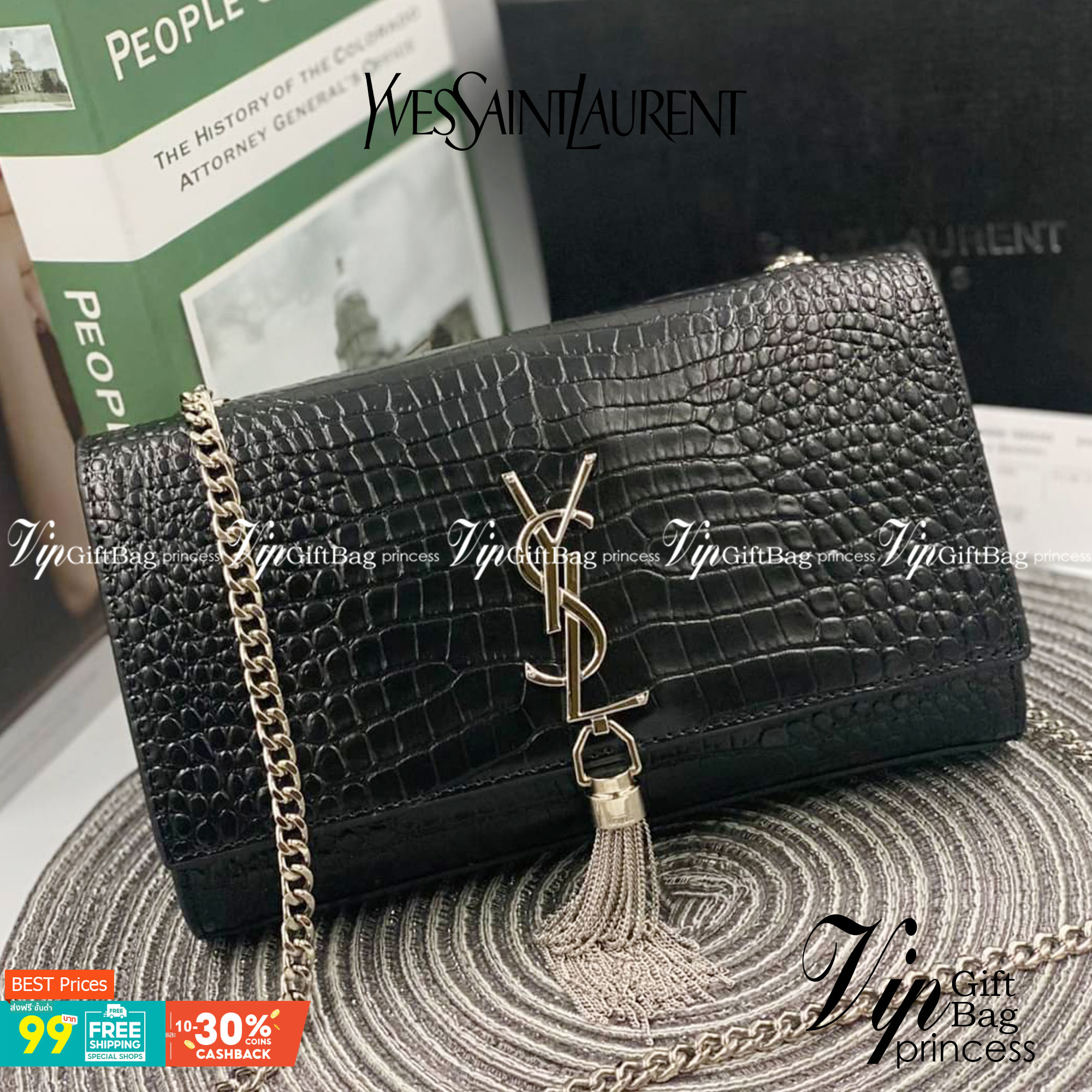 VIP 】หนังแท้ YSL Saint Laurent Kate Tassel Bag in Black Crocodile-Embossed Leather with Chain