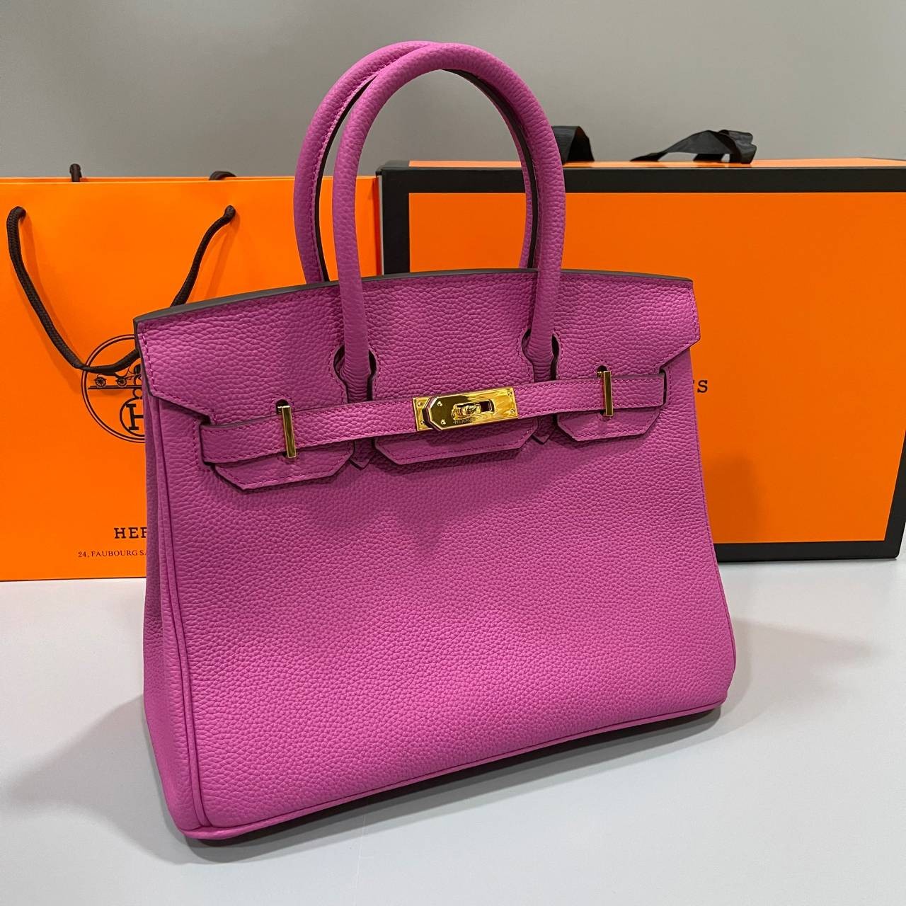 หนังแท้ Hermes BIRKIN 25CM epsom in MAUVSSYLESTE COLOR FULL HANDMADE GOLD HARDWARE เกรดออริจินอล ภาพสินค้าถ่ายจากงานขายจริง
