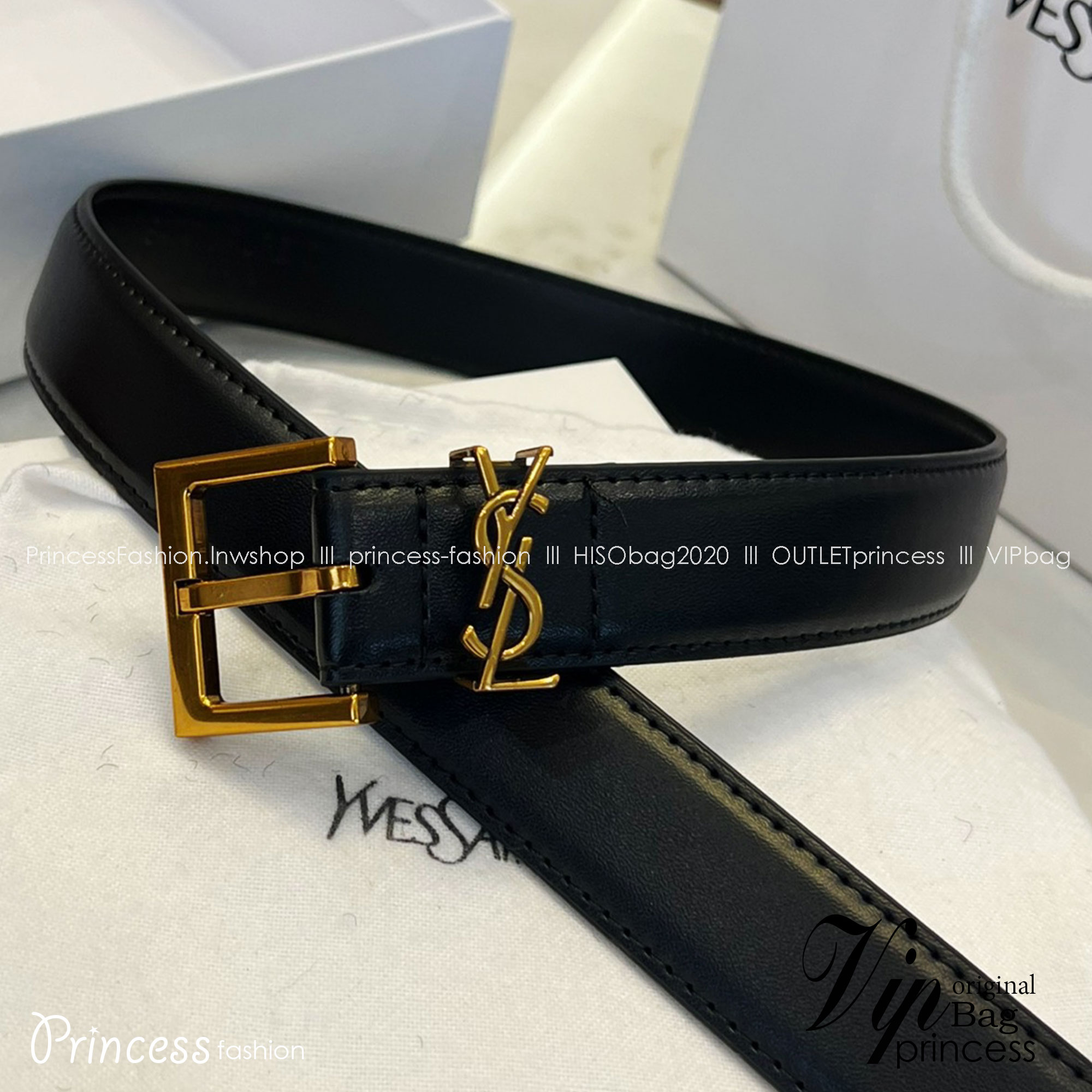 YSL 3D LOGO LEATHER BELT / YSL BELT เข็มขัดหนังเรียบสไตล์วินเทจ ขนาดกำลัง หัวเข็มขัด3Dโลโก้แบรนด์สีทองวินเทจ