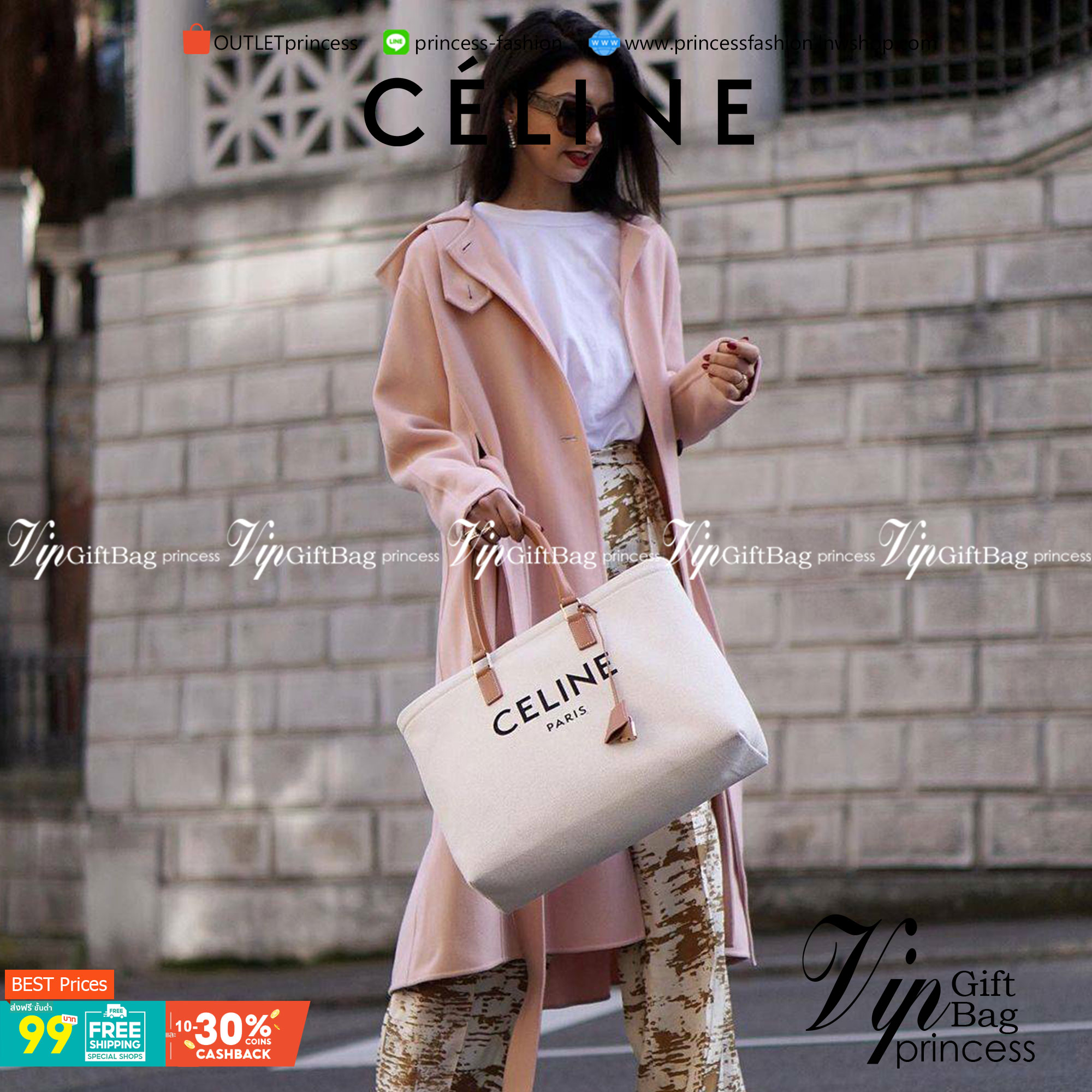 CELINE PHANTOM TOTE BAG VIP GIFT WITH PURCHASE (GWP) พรีเมี่ยมกิ๊ฟ Limited Edition จาก CELINE PERFUME DUTYFREE COUNTER วัสดุ Canvas & Grained cowhide ดีไซน์ทรง Shopping ขนาดใหญ่กำลังดี เนื้อหนาแข็งแรง น้ำหนักเบา โดดเด่นที่ห้อยTagแม่กุญแจอะไหล่ทองสามารถใช้