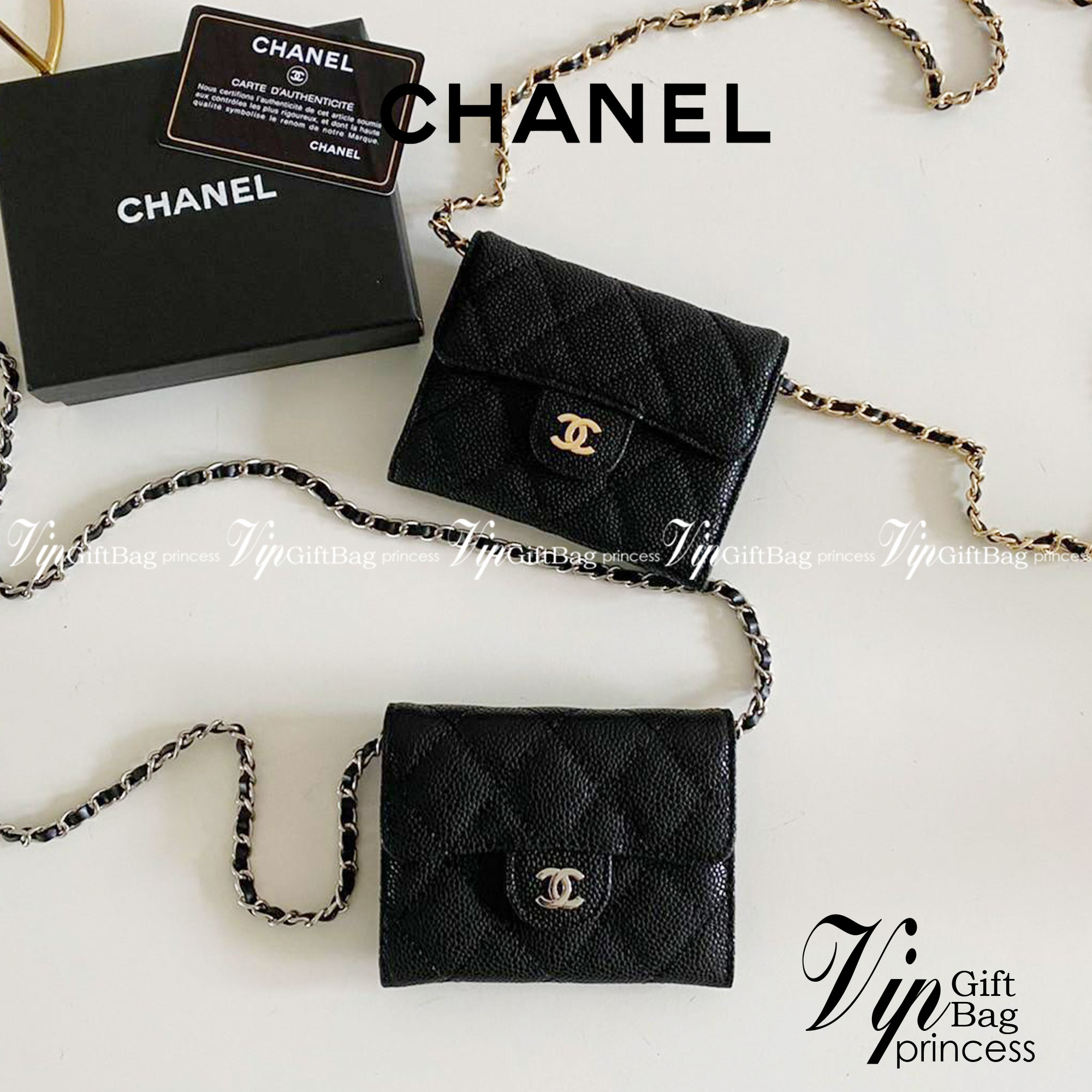 หนังแท้ Chanel wallet on chain / CHANEL BLACK CAVIAR BAG พร้อมส่งที่ไทย รุ่นยอดนิยมไอเท็มฮิตวัสดุหนังแท้คาเวียร์สวยคลาสสิคเปิดปิดด้วยฝาปิดกระดุมด้านหน้ามีโลโก้แบรนด์อะไหล่ทองสวยหรูดูดีมาพร้อมสายโซ่อะไหล่เงินและทองร้อยหนังจะสะพายไหล่ หรือ Crossbody ก็ดูดี 