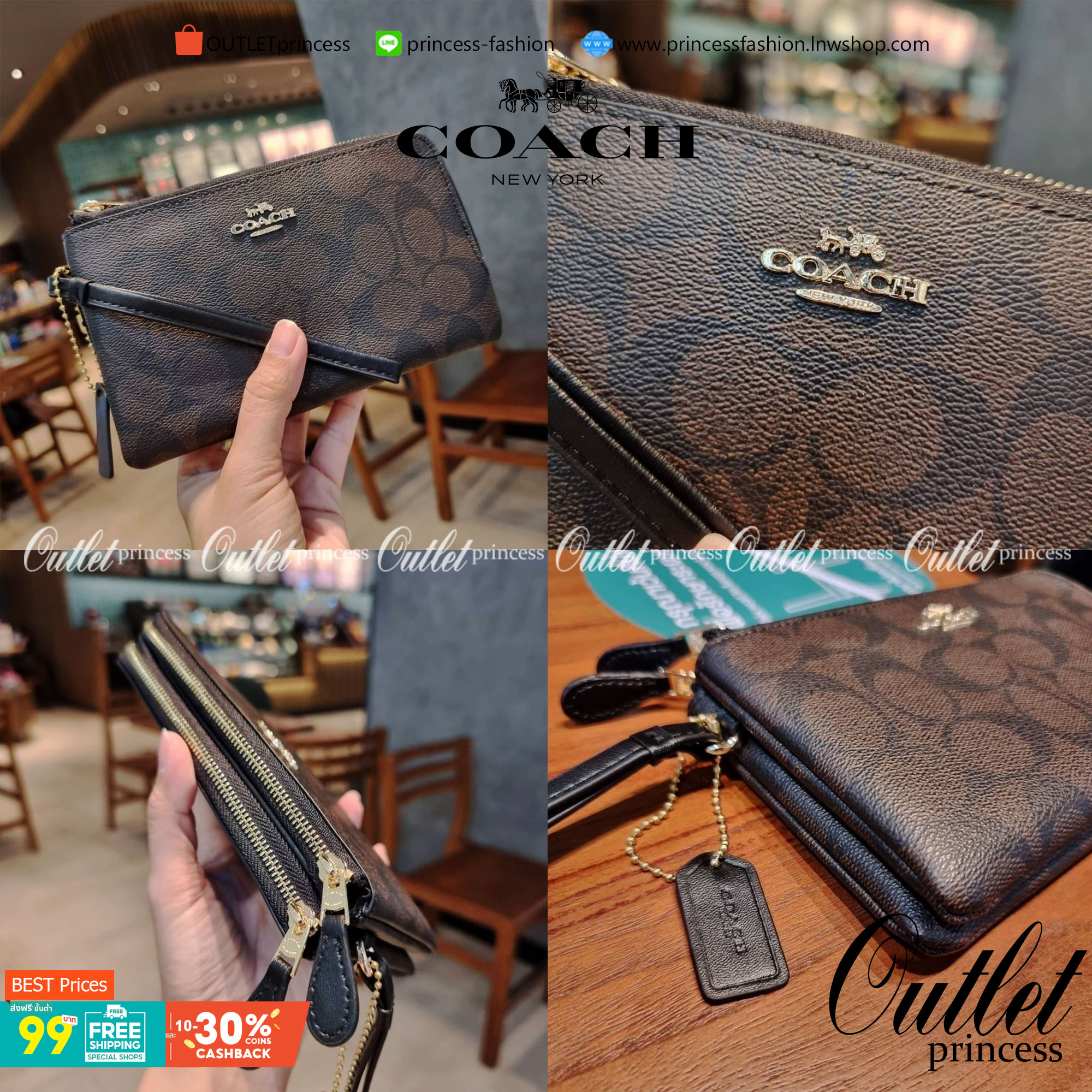 COACH F87591 DOUBLE CORNER ZIP WALLET IN SIGNATURE COATED CANVAS คล้องมือรุ่น 2 ซิป!! มาแล้วจ้า 🌟🤗 ไซส์นี้คือเหมาะมือจริงๆ พกง่ายเช่นเคย ไม่ต้องกังวลว่าจะเกะกะหรือกินพื้นที่กระเป๋าหลัก วัสดุหนังแคนวาสเคลือบลาย มีช่องหลักแยก 2 ช่อง ภายในบุผ