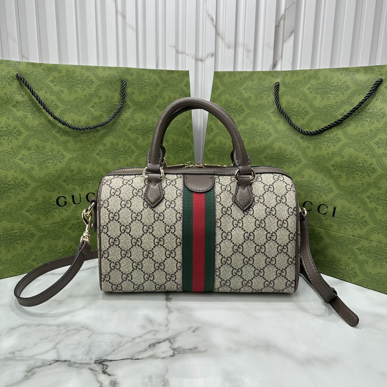 ORI หนังแท้ | Gucci Ophidia boston bag GG Monogram Double G / Gucci Keepall Bag กระเป๋าสะพายทรงหมอนบอสตัน รูปทรงใช้งานง่าย ฟังก์ชั่นการใช้งานที่ได้รับการตีความใหม่