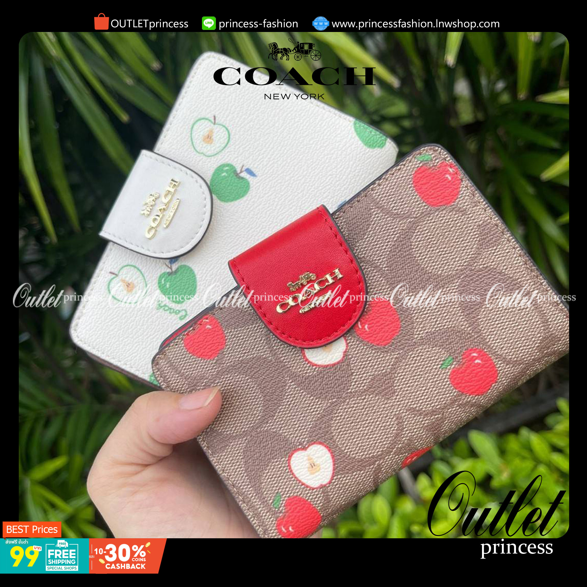 COACH C4117 MEDIUM CORNER ZIP WALLET IN SIGNATURE CANVAS WITH APPLE PRINT ดีไซน์ใหม่ล่าสุด!! คอลเลคชั่นลายพริ้นท์แอปเปิ้ลแดงโดดเด่นบนพื้นลายซิกเนเจอร์ เพิ่มลูกเล่นให้กระเป๋าสตางค์ของคุณ กระเป๋าสตางค์ใบกลาง ขนาดกำลังเหมาะมือ วัสดุหนังแคนวาส ดูแลรักษาง่าย ม