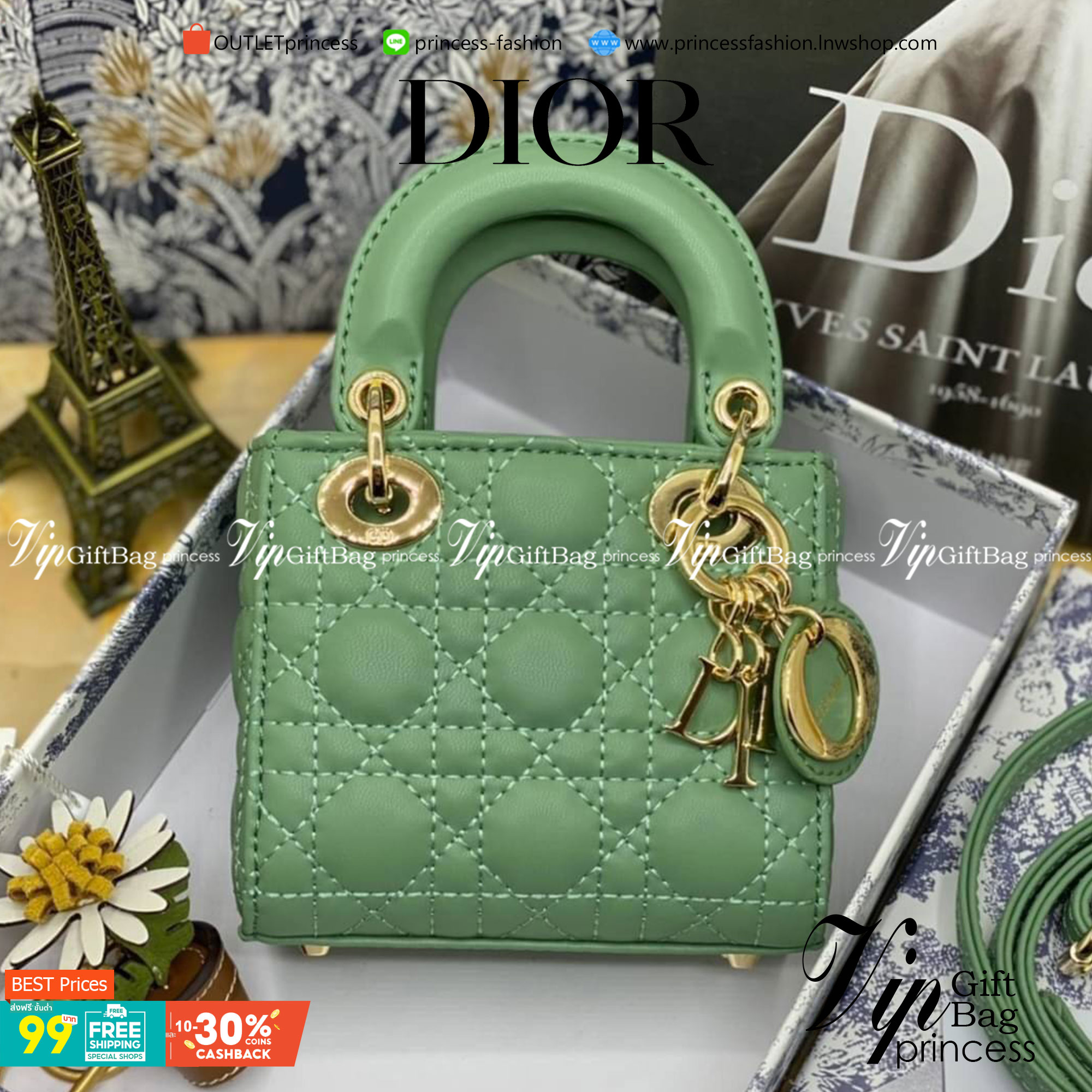 VIP 】หนังแท้ CHRISTIAN DIOR MICRO LADY DIOR BAG Cannage Lambskin